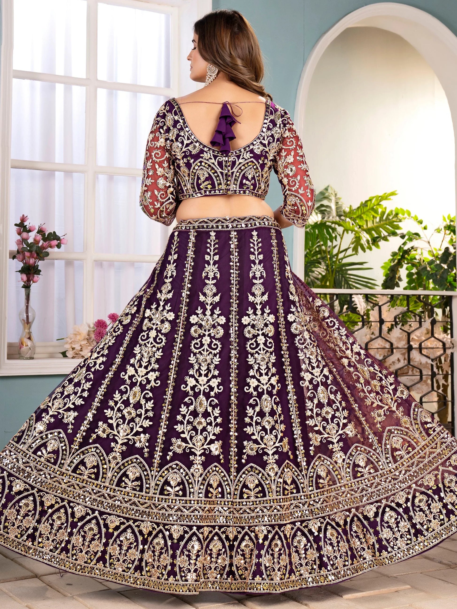Magnificent Wine Sequins Embroidery Net Bridesmaid Wear Lehenga Choli - Zeel Clothing