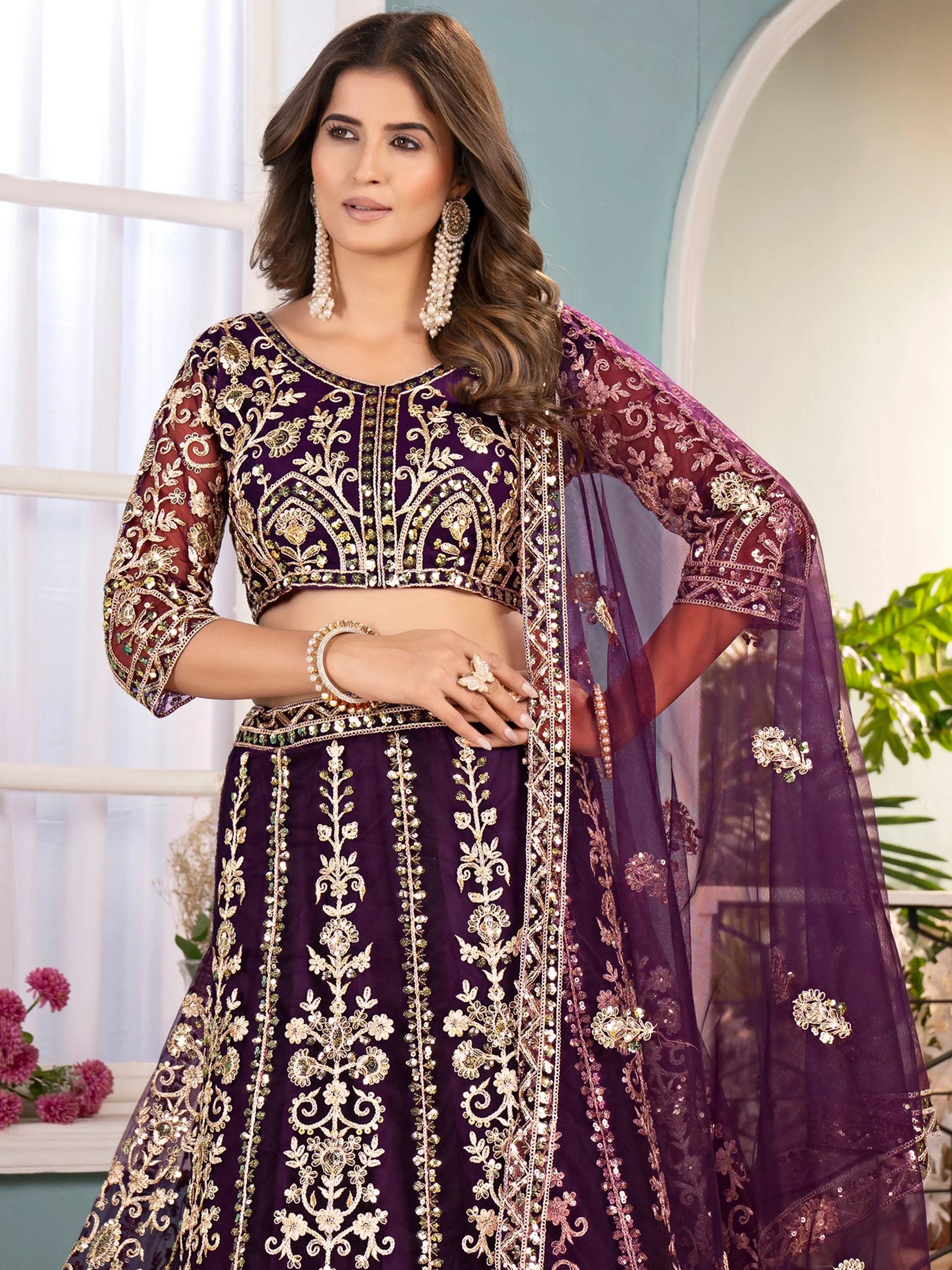 Magnificent Wine Sequins Embroidery Net Bridesmaid Wear Lehenga Choli - Zeel Clothing