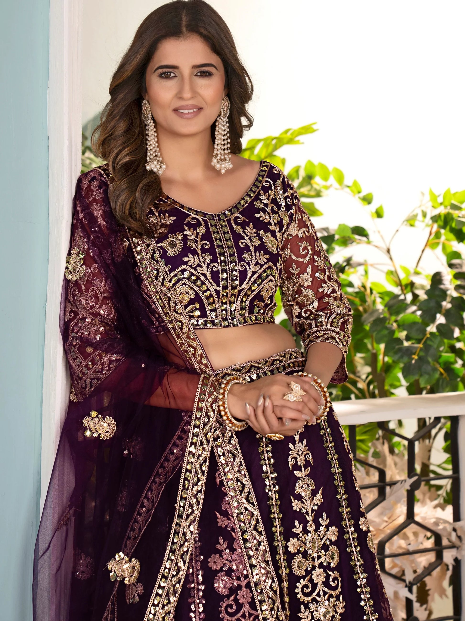 Magnificent Wine Sequins Embroidery Net Bridesmaid Wear Lehenga Choli - Zeel Clothing