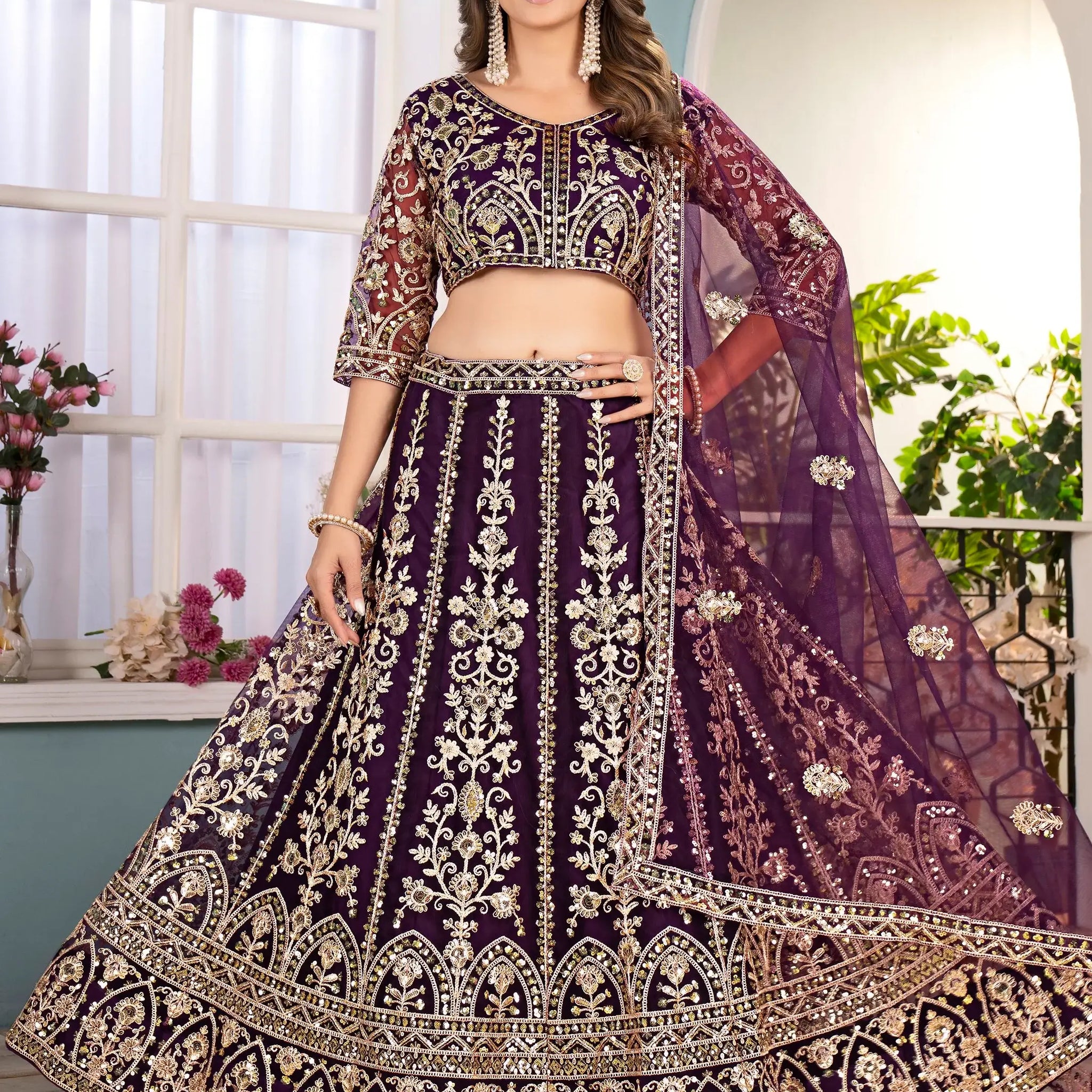 Magnificent Wine Sequins Embroidery Net Bridesmaid Wear Lehenga Choli - Zeel Clothing