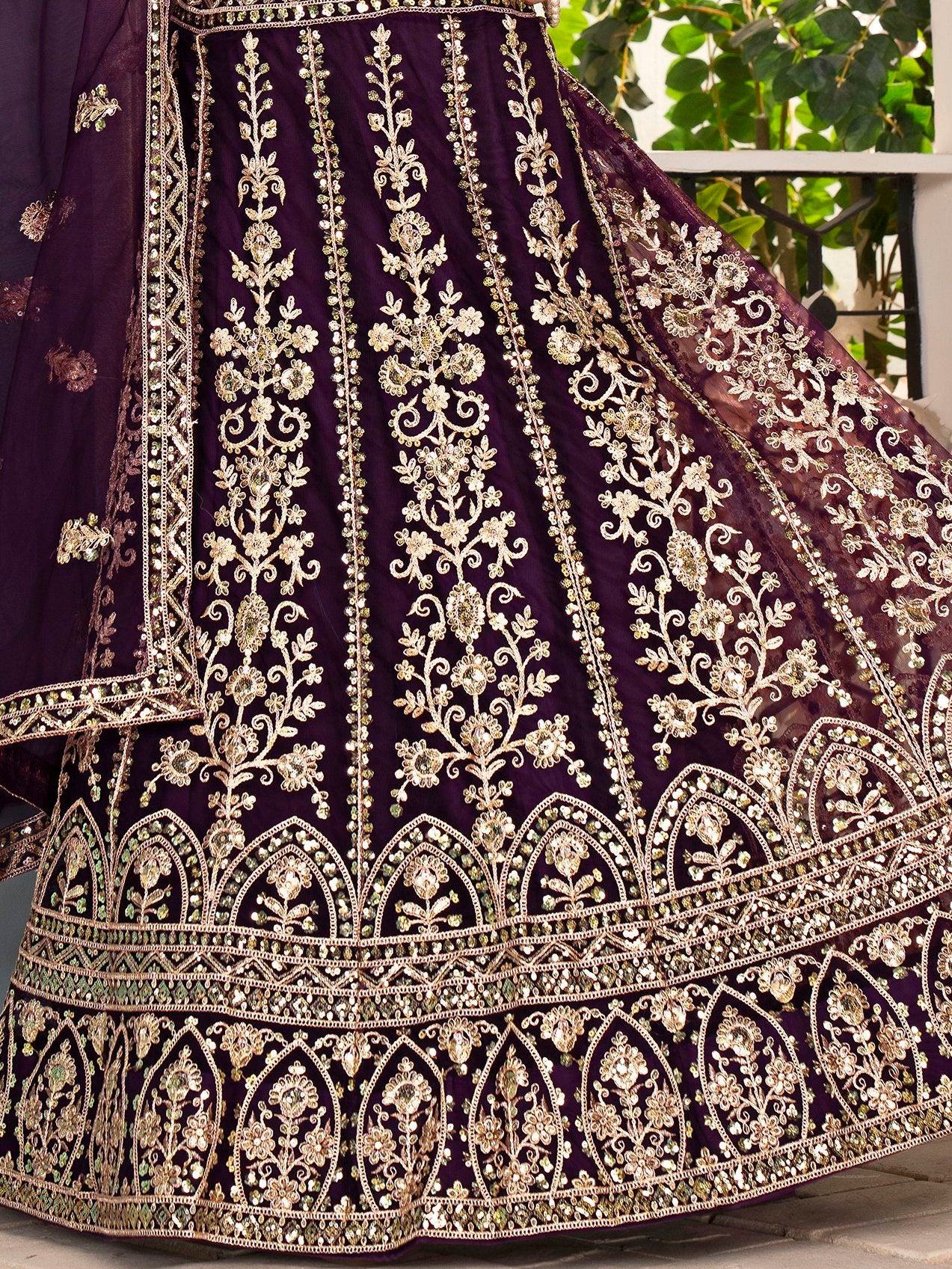 Magnificent Wine Sequins Embroidery Net Bridesmaid Wear Lehenga Choli - Zeel Clothing
