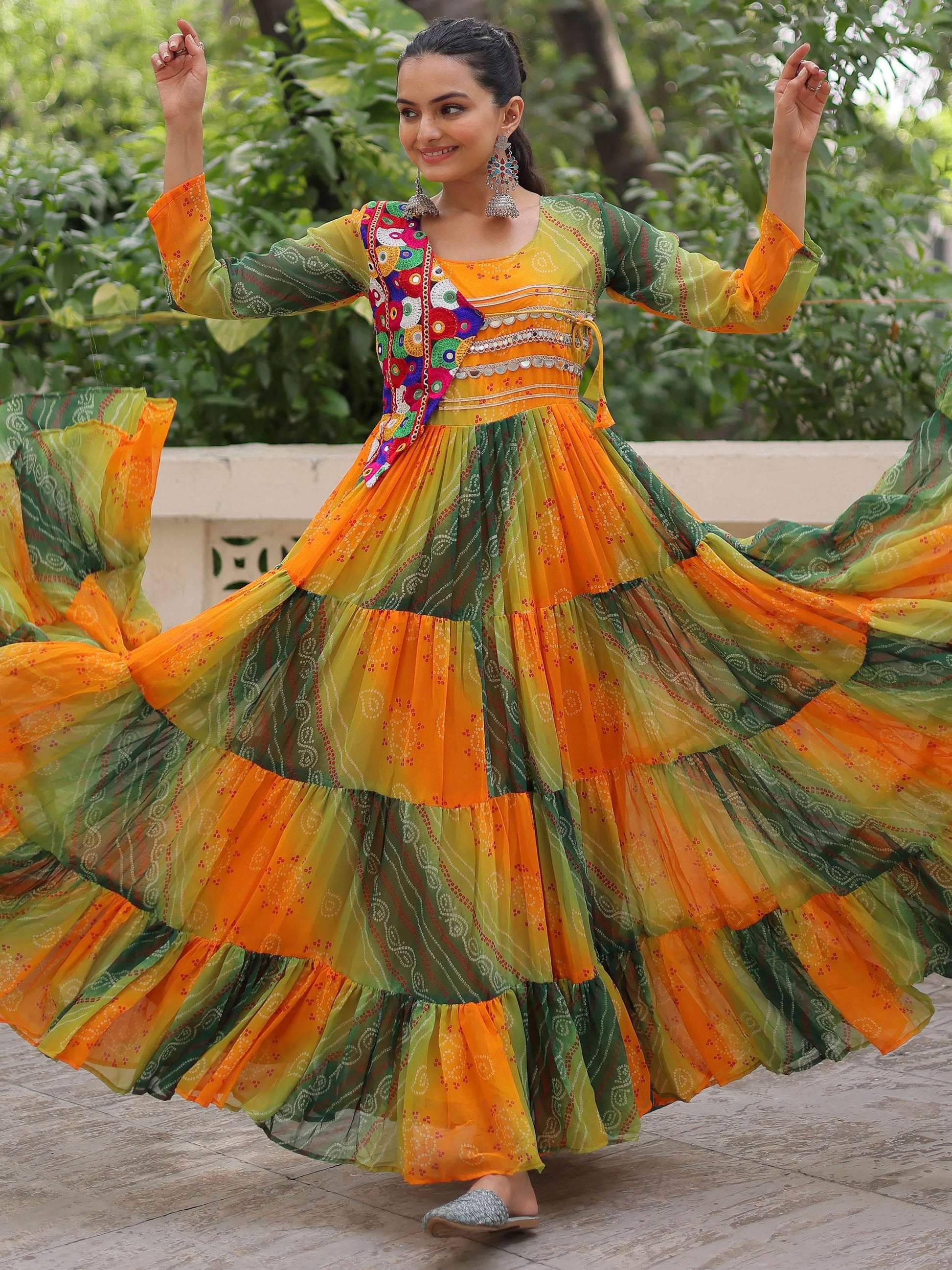 Magnificent Yellow Kutchi Patch Work Georgette Traditional Gown - Zeel Clothing