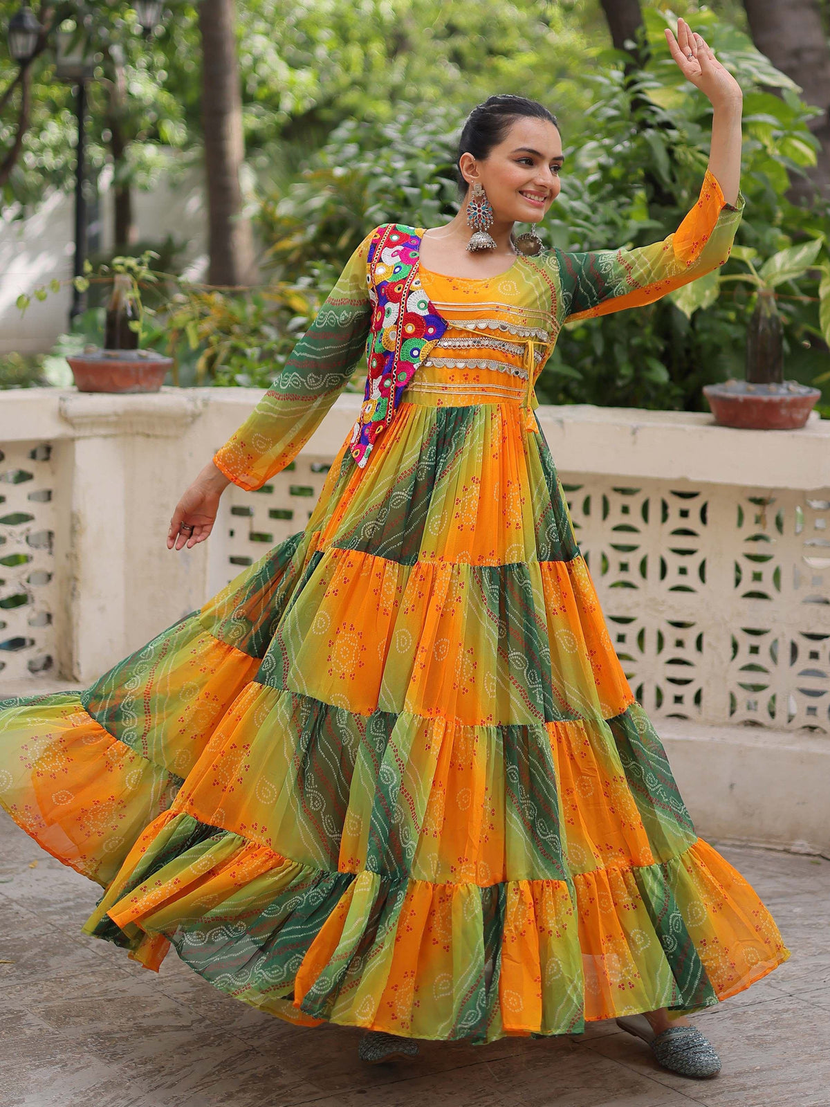 Magnificent Yellow Kutchi Patch Work Georgette Traditional Gown - Zeel Clothing