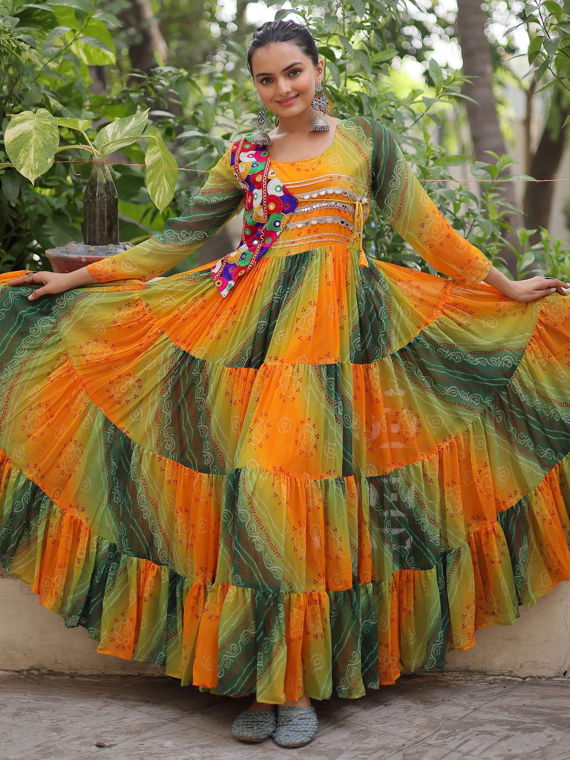 Magnificent Yellow Kutchi Patch Work Georgette Traditional Gown - Zeel Clothing
