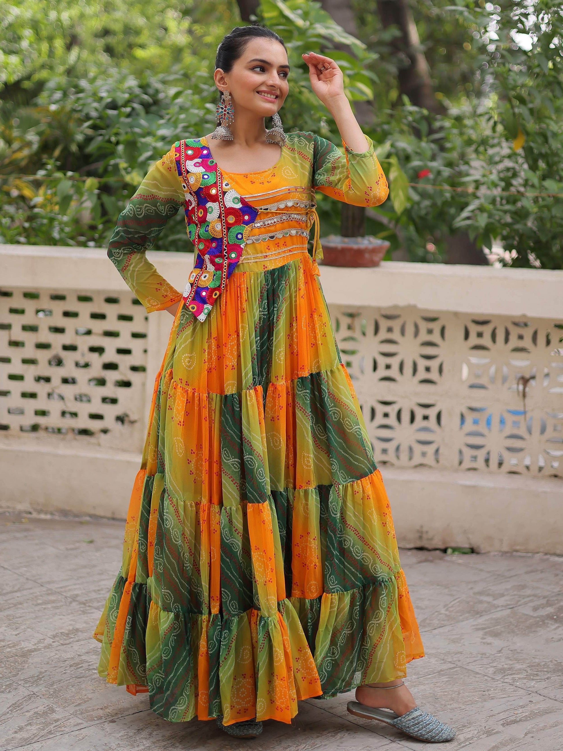 Magnificent Yellow Kutchi Patch Work Georgette Traditional Gown - Zeel Clothing