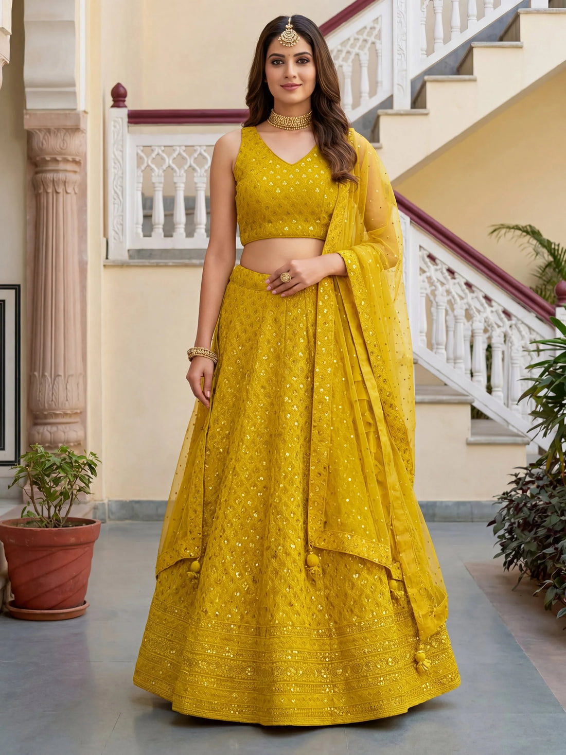 Magnificent Yellow Thread Work Georgette Haldi Wear Lehenga Choli