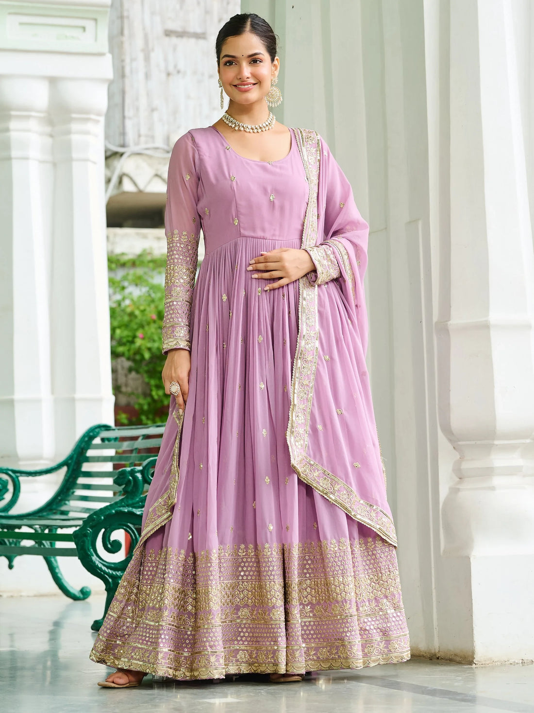 Majestic Baby Pink Sequins Georgette Event Wear Gown With Dupatta