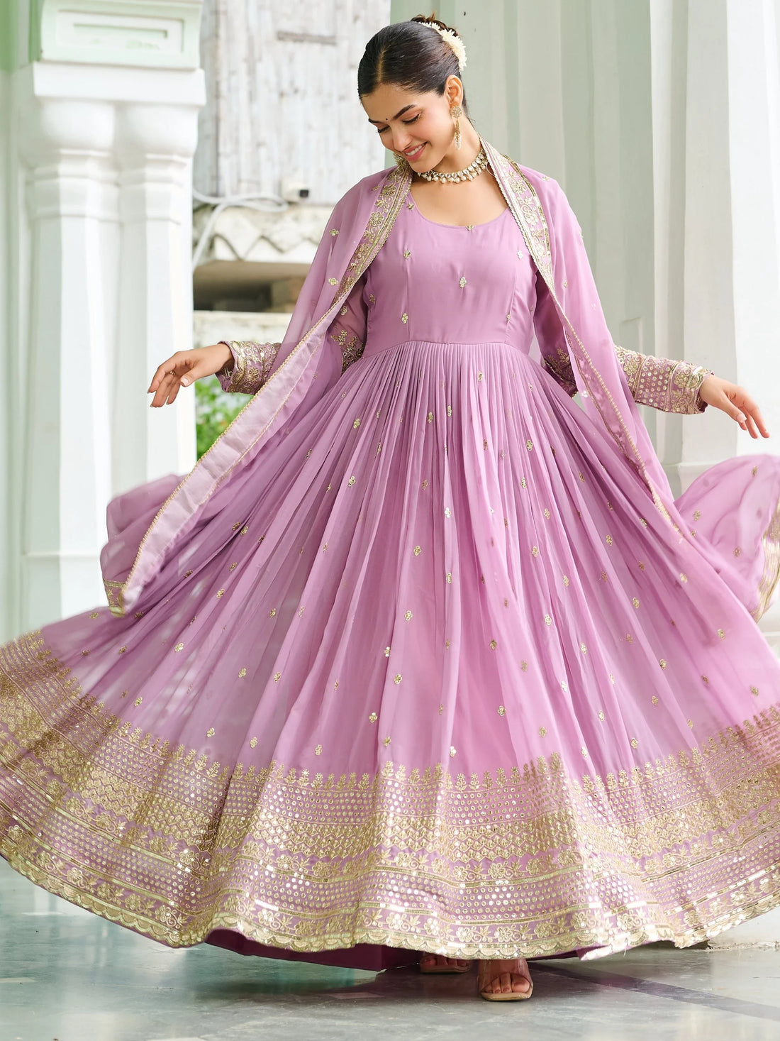 Majestic Baby Pink Sequins Georgette Event Wear Gown With Dupatta