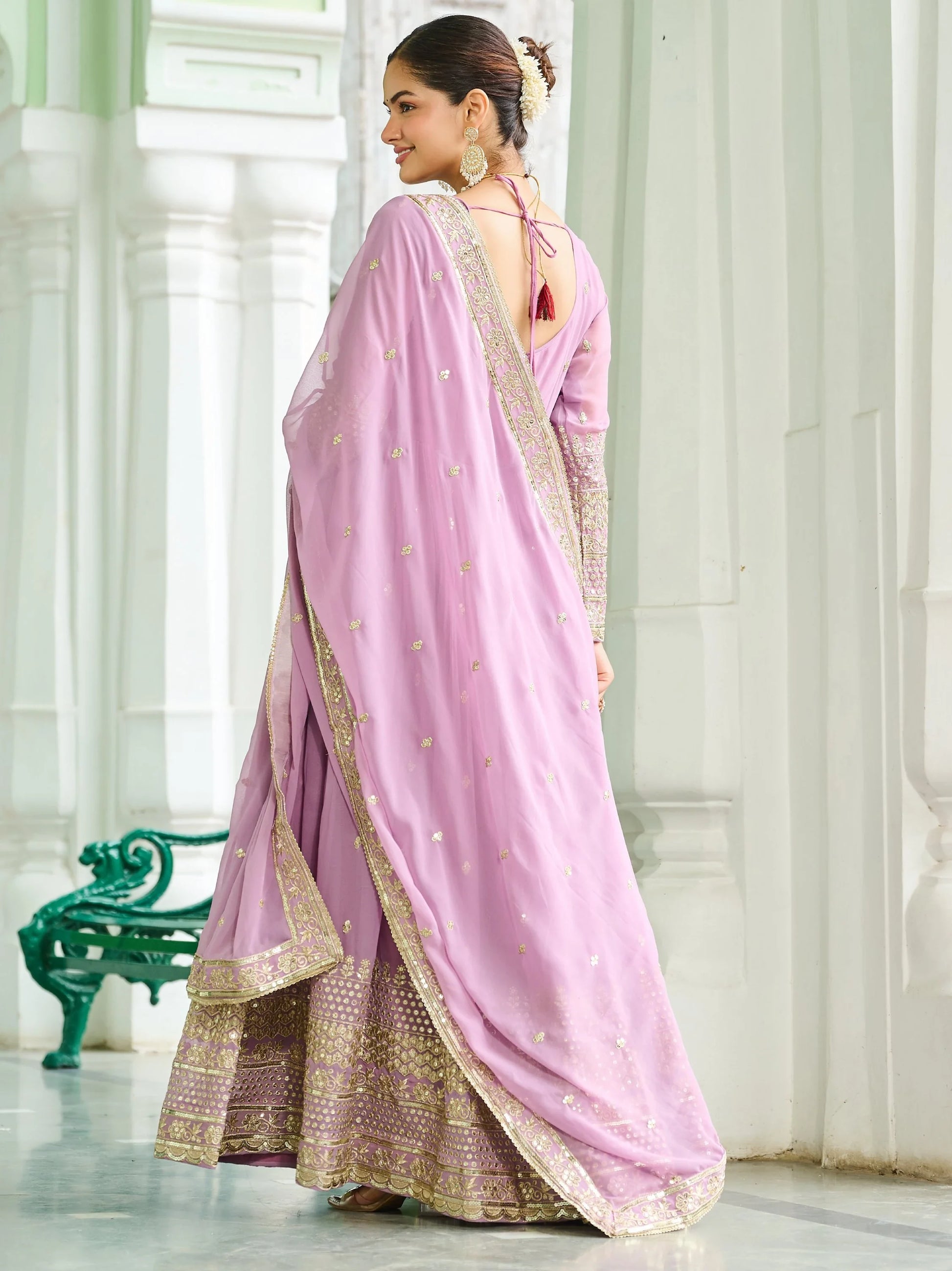 Majestic Baby Pink Sequins Georgette Event Wear Gown With Dupatta