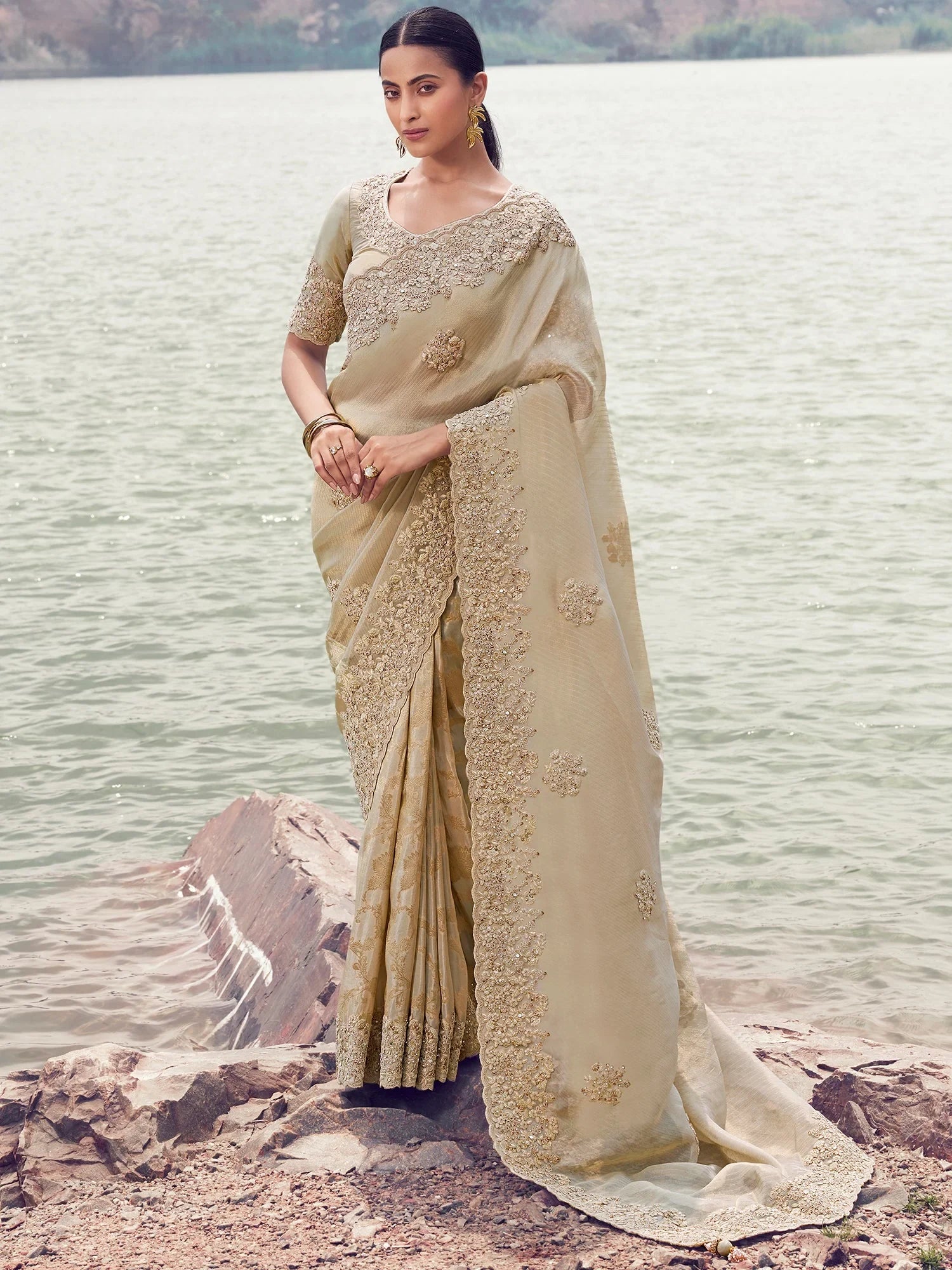 Majestic Beige Khatli Work Tissue Engagement Wear Saree With Blouse