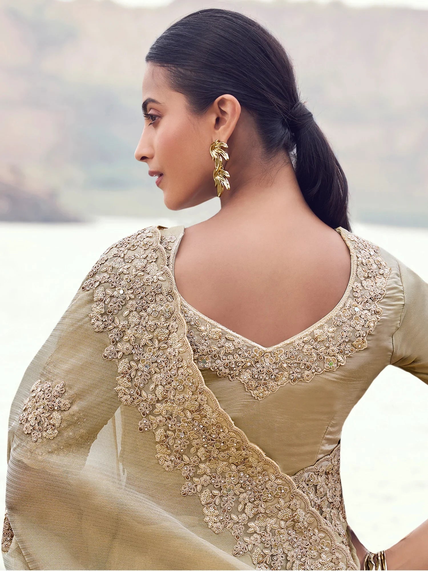 Majestic Beige Khatli Work Tissue Engagement Wear Saree With Blouse