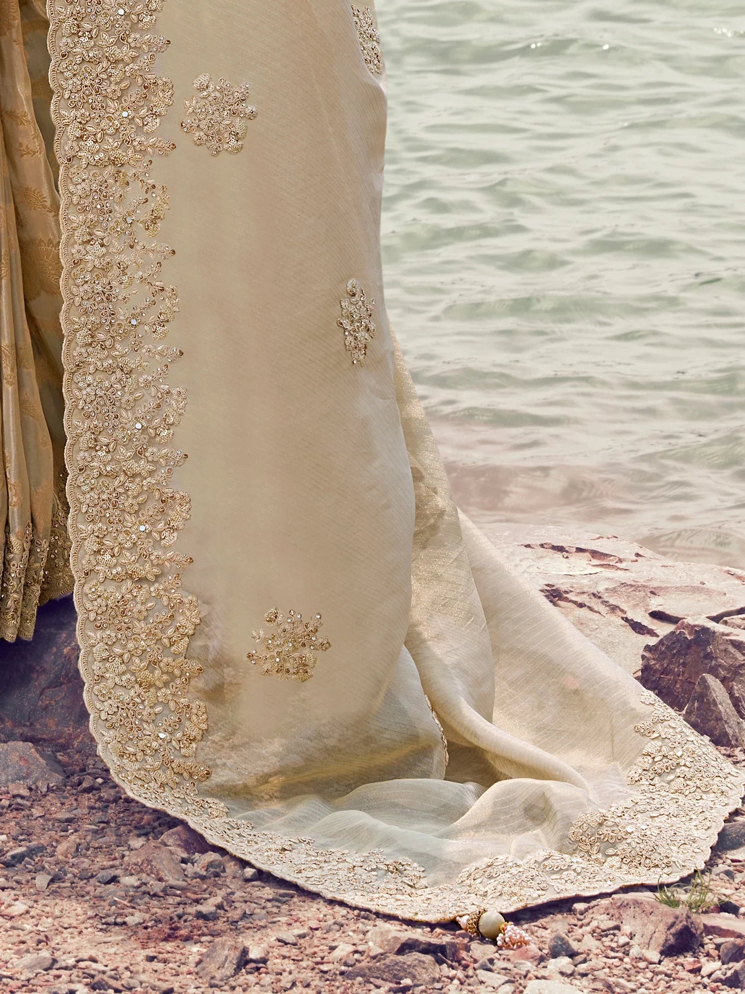 Majestic Beige Khatli Work Tissue Engagement Wear Saree With Blouse