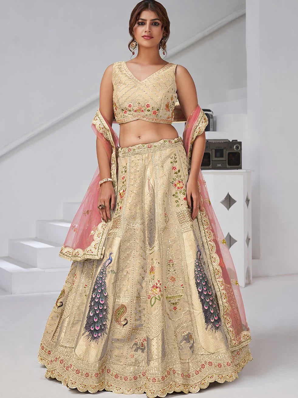 Majestic Beige Sequins Embroidery Banarasi Silk Lehenga Choli With Dupatta