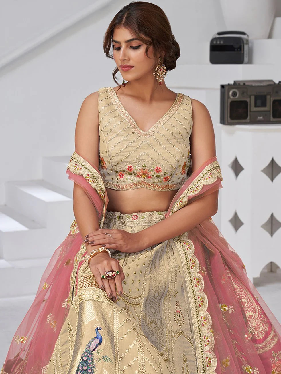 Majestic Beige Sequins Embroidery Banarasi Silk Lehenga Choli With Dupatta