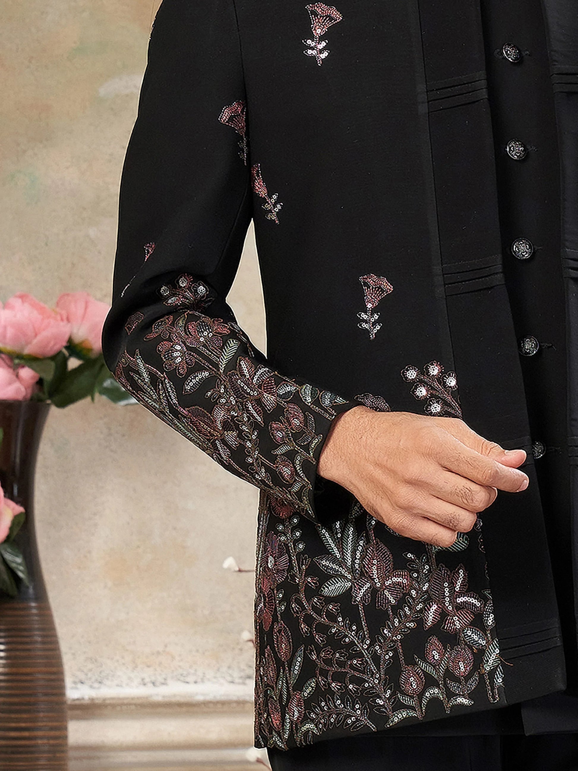 Majestic Black Embroidered Imported Cocktail Wear Jothpuri Set For Men