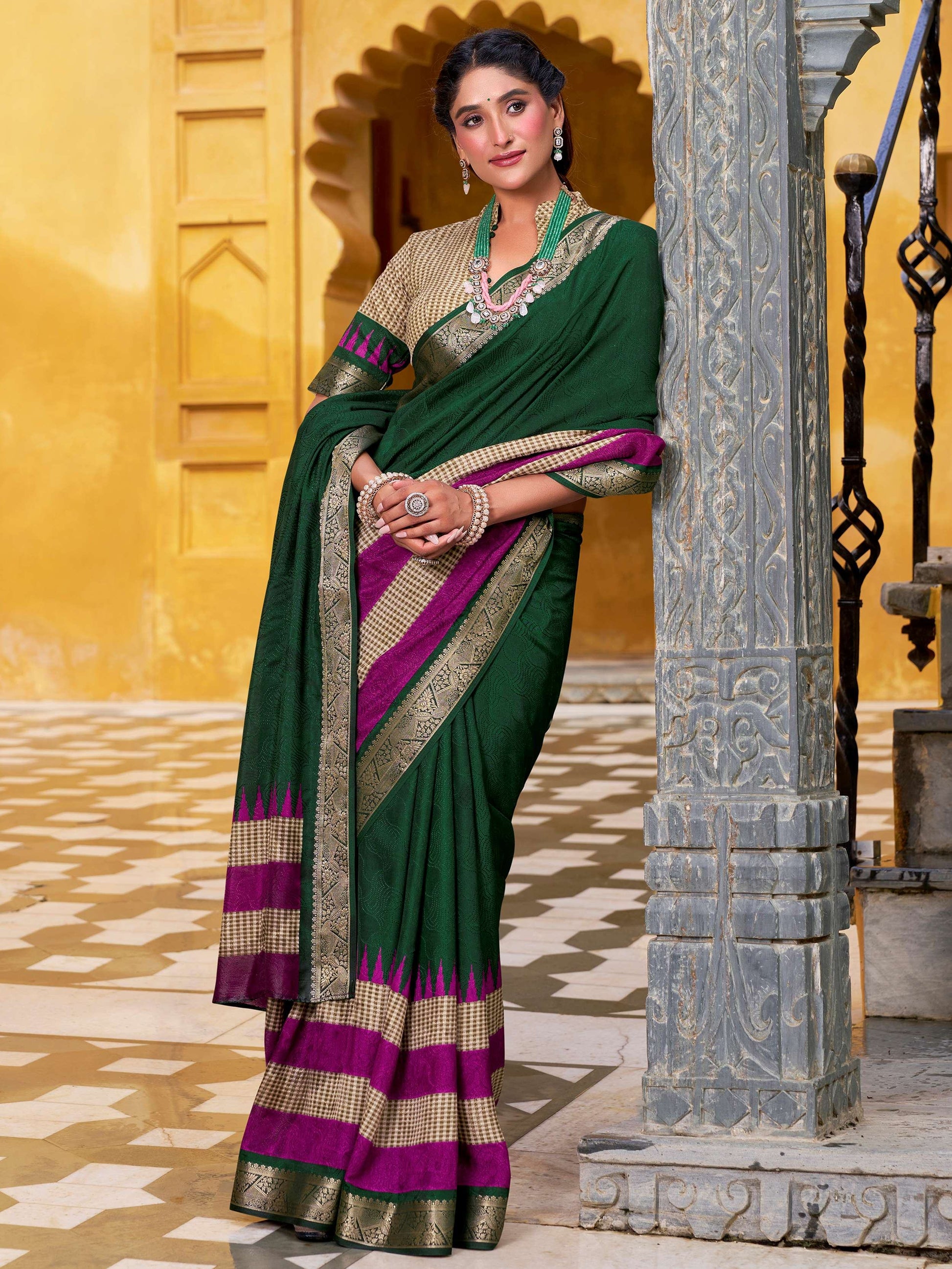Majestic Bottle Green Zari Weaving Cotton Mehendi Wear Saree With Blouse