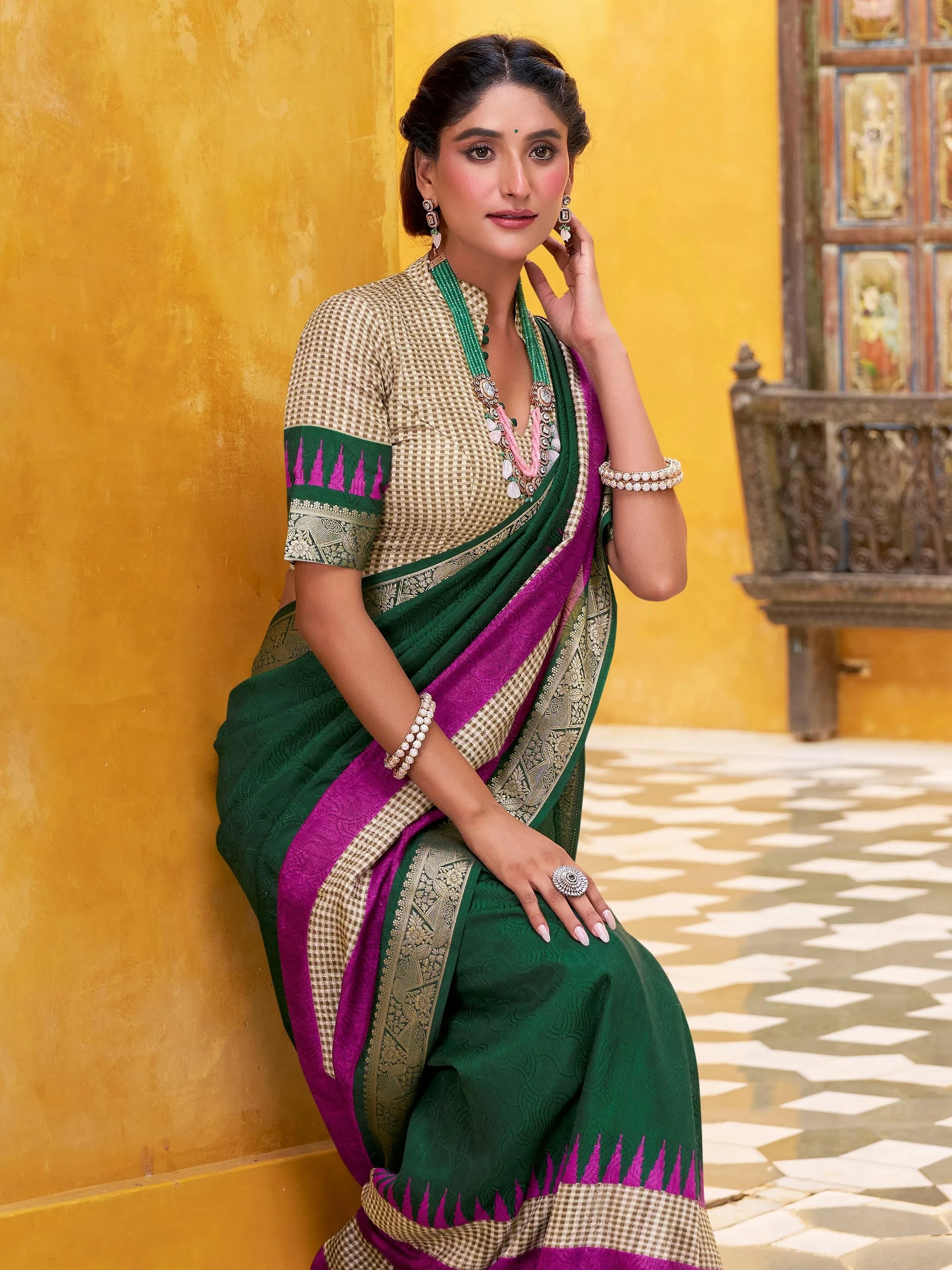Majestic Bottle Green Zari Weaving Cotton Mehendi Wear Saree With Blouse
