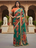 Majestic Green Floral Printed Organza Wedding Wear Saree With Blouse