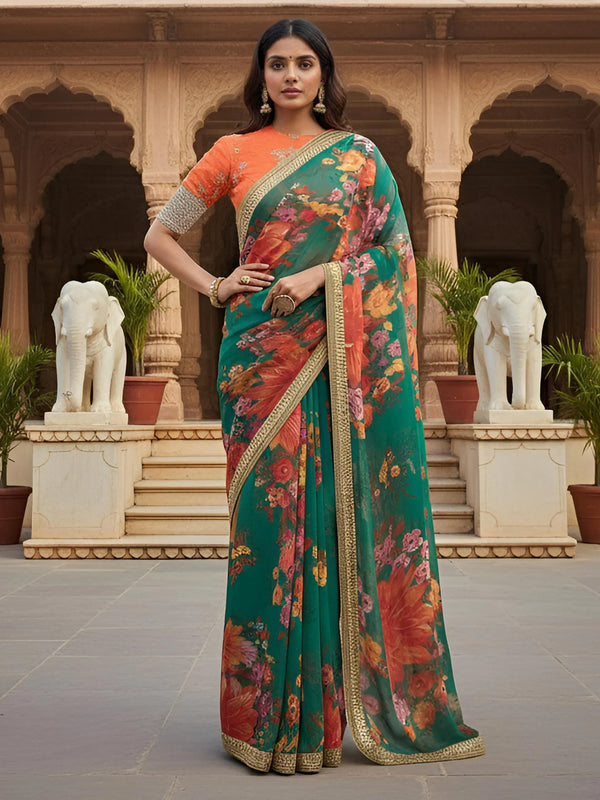 Majestic Green Floral Printed Organza Wedding Wear Saree With Blouse