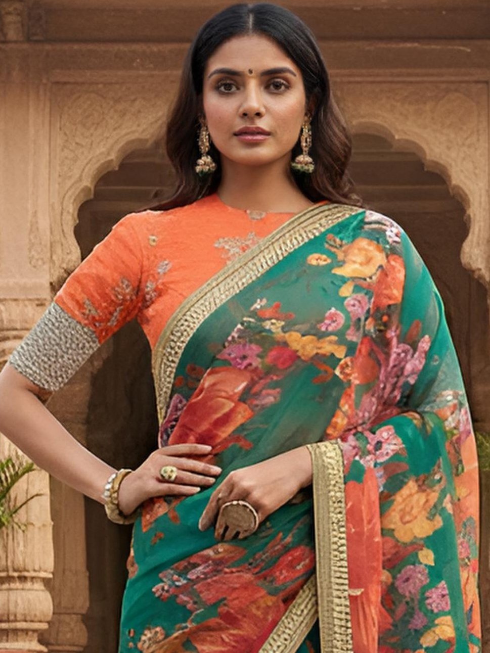 Majestic Green Floral Printed Organza Wedding Wear Saree With Blouse