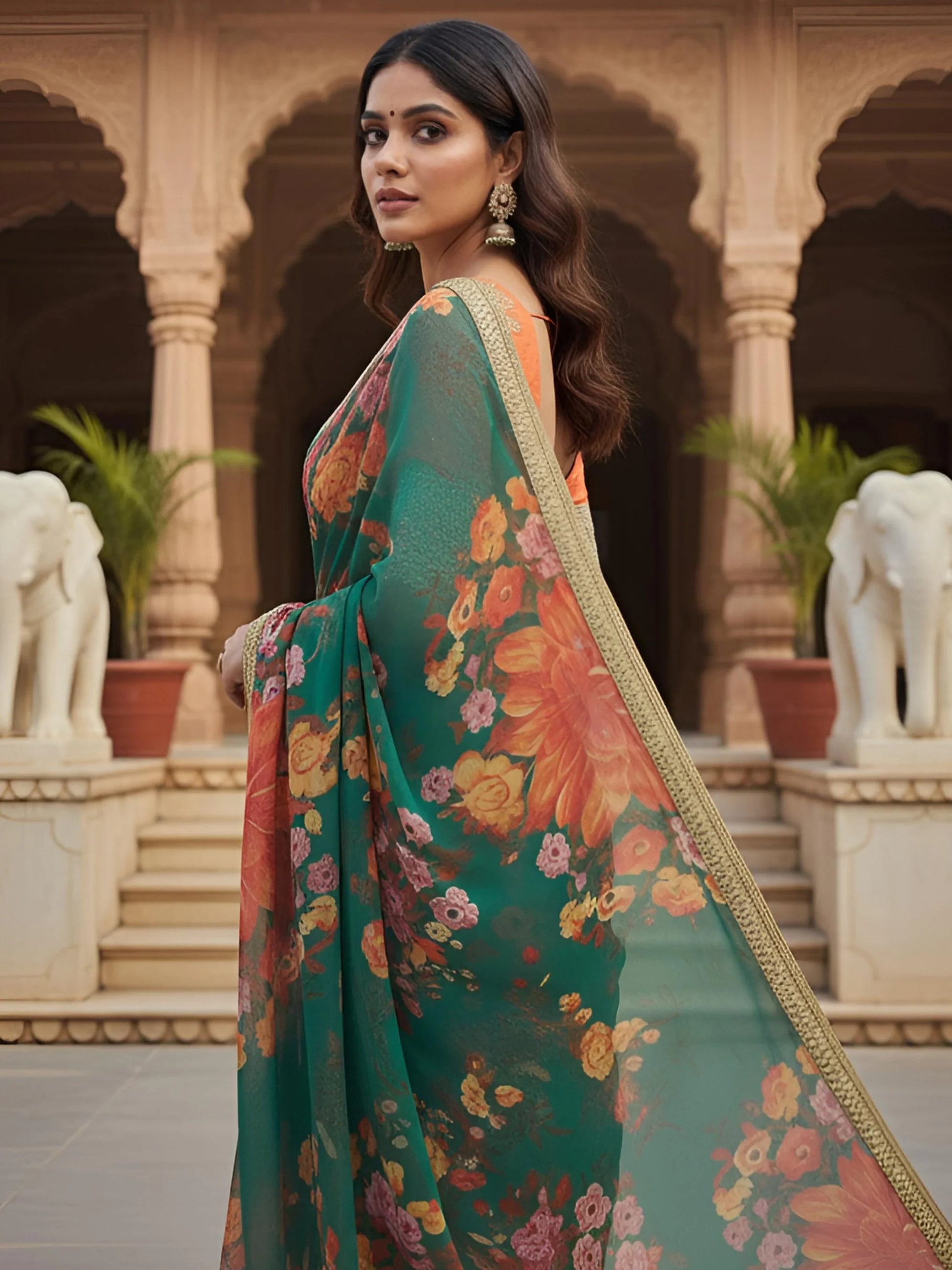 Majestic Green Floral Printed Organza Wedding Wear Saree With Blouse
