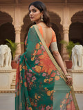 Majestic Green Floral Printed Organza Wedding Wear Saree With Blouse