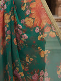 Majestic Green Floral Printed Organza Wedding Wear Saree With Blouse