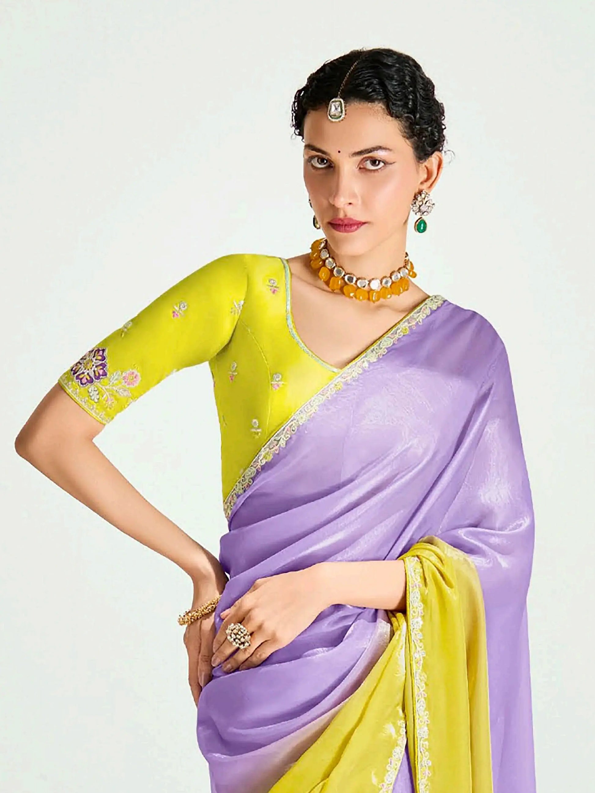 Majestic Lavender Border Work Organza Designer Saree With Blouse - Zeel Clothing