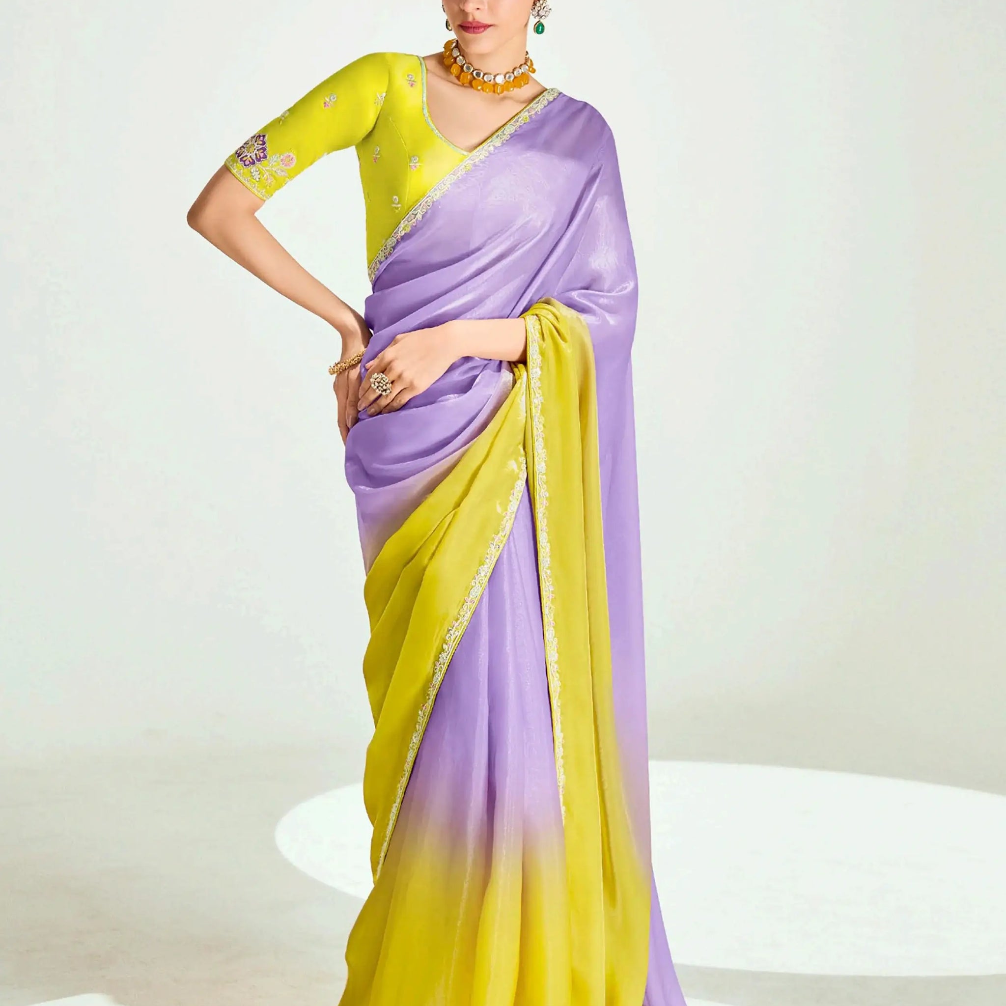 Majestic Lavender Border Work Organza Designer Saree With Blouse - Zeel Clothing