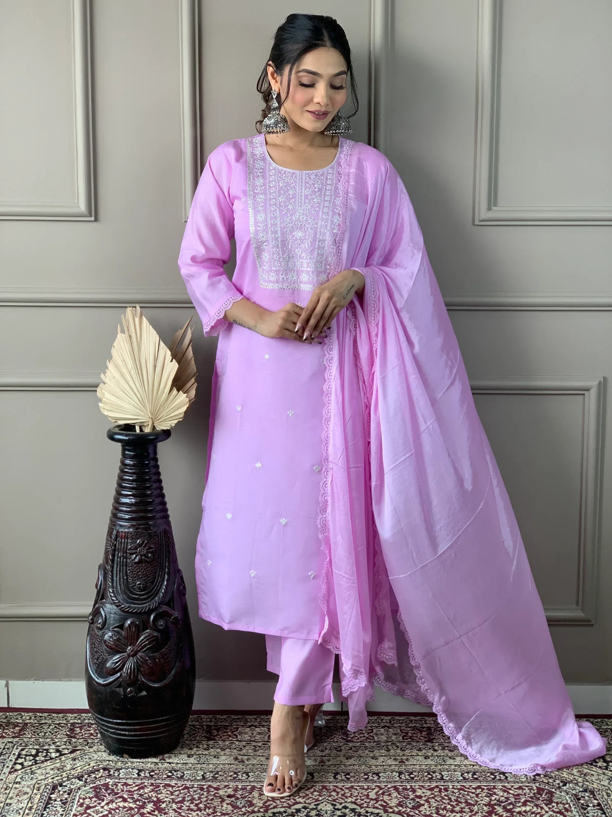 Majestic Lavender Embroidered Silk Traditional Pant Suit With Dupatta - Zeel Clothing