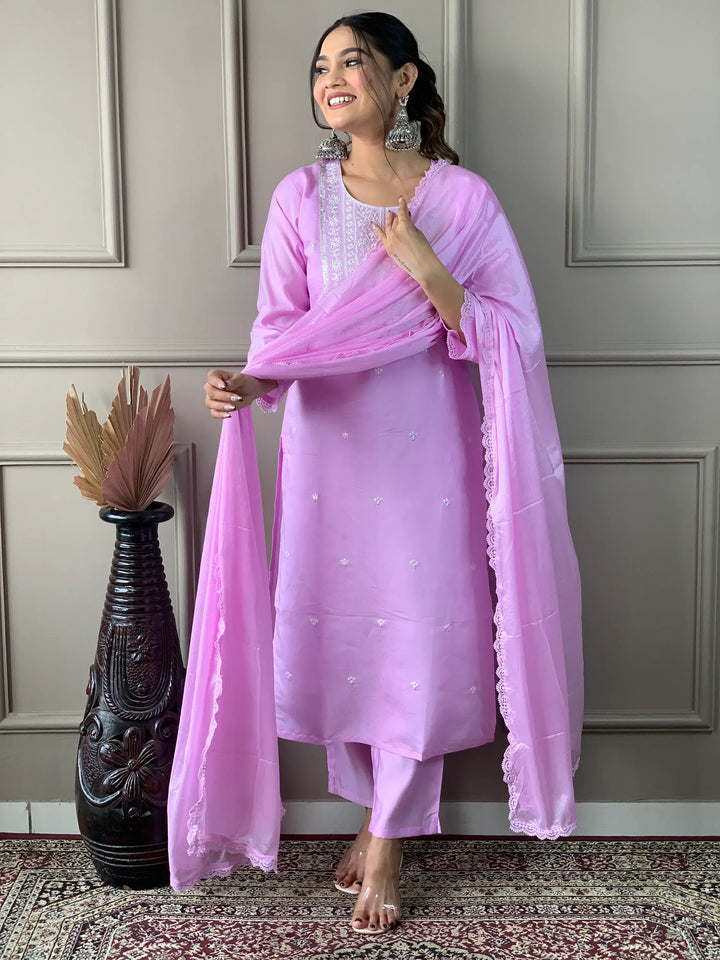 Majestic Lavender Embroidered Silk Traditional Pant Suit With Dupatta - Zeel Clothing