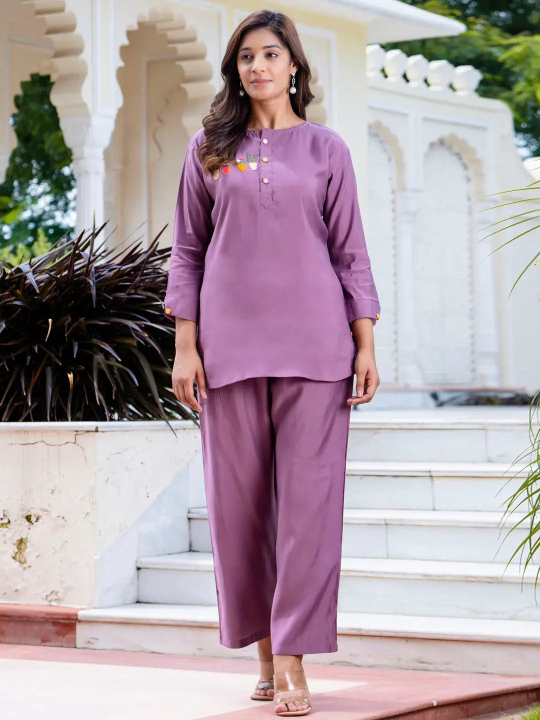 Majestic Lavender Hand Work Silk Casual Wear Top Pant Co-Ord Set - Zeel Clothing