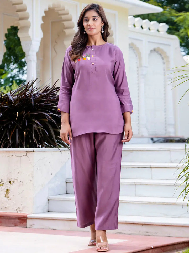 Majestic Lavender Hand Work Silk Casual Wear Top Pant Co-Ord Set - Zeel Clothing