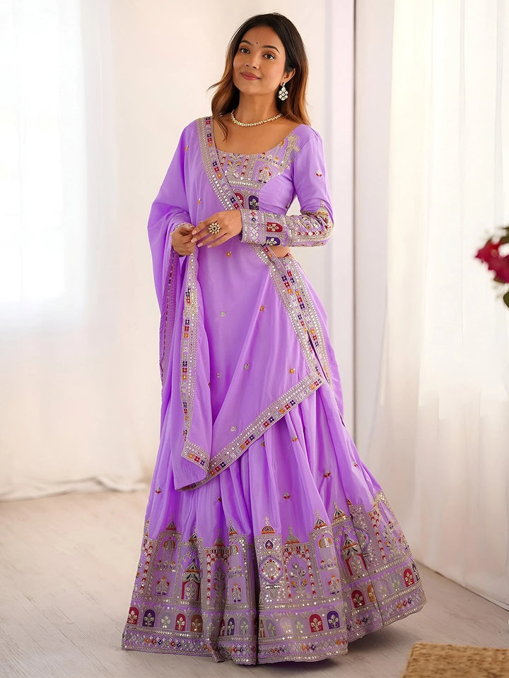 Majestic Lavender Thread Embroidery Crepe Silk Lehenga With Blouse