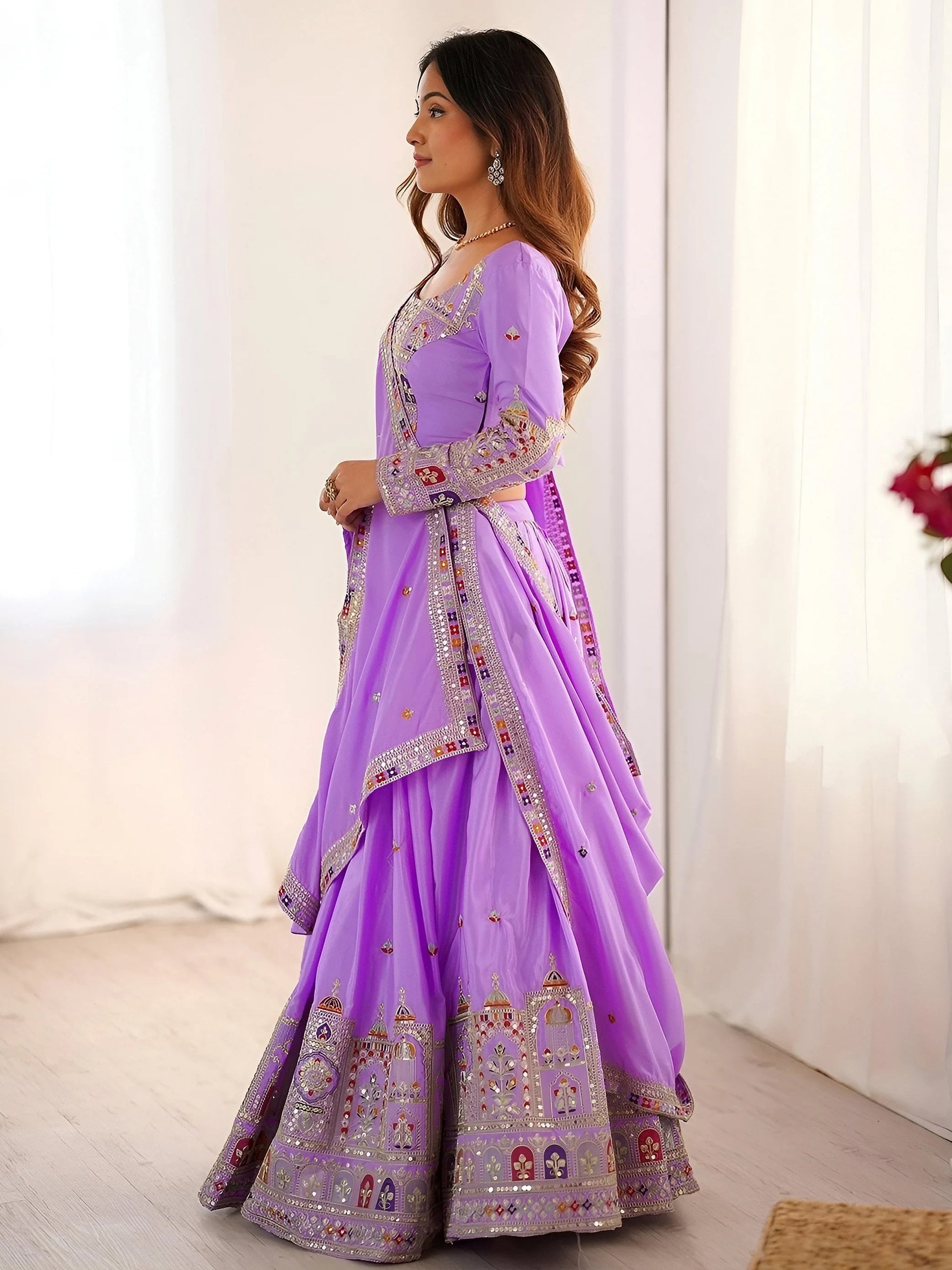 Majestic Lavender Thread Embroidery Crepe Silk Lehenga With Blouse