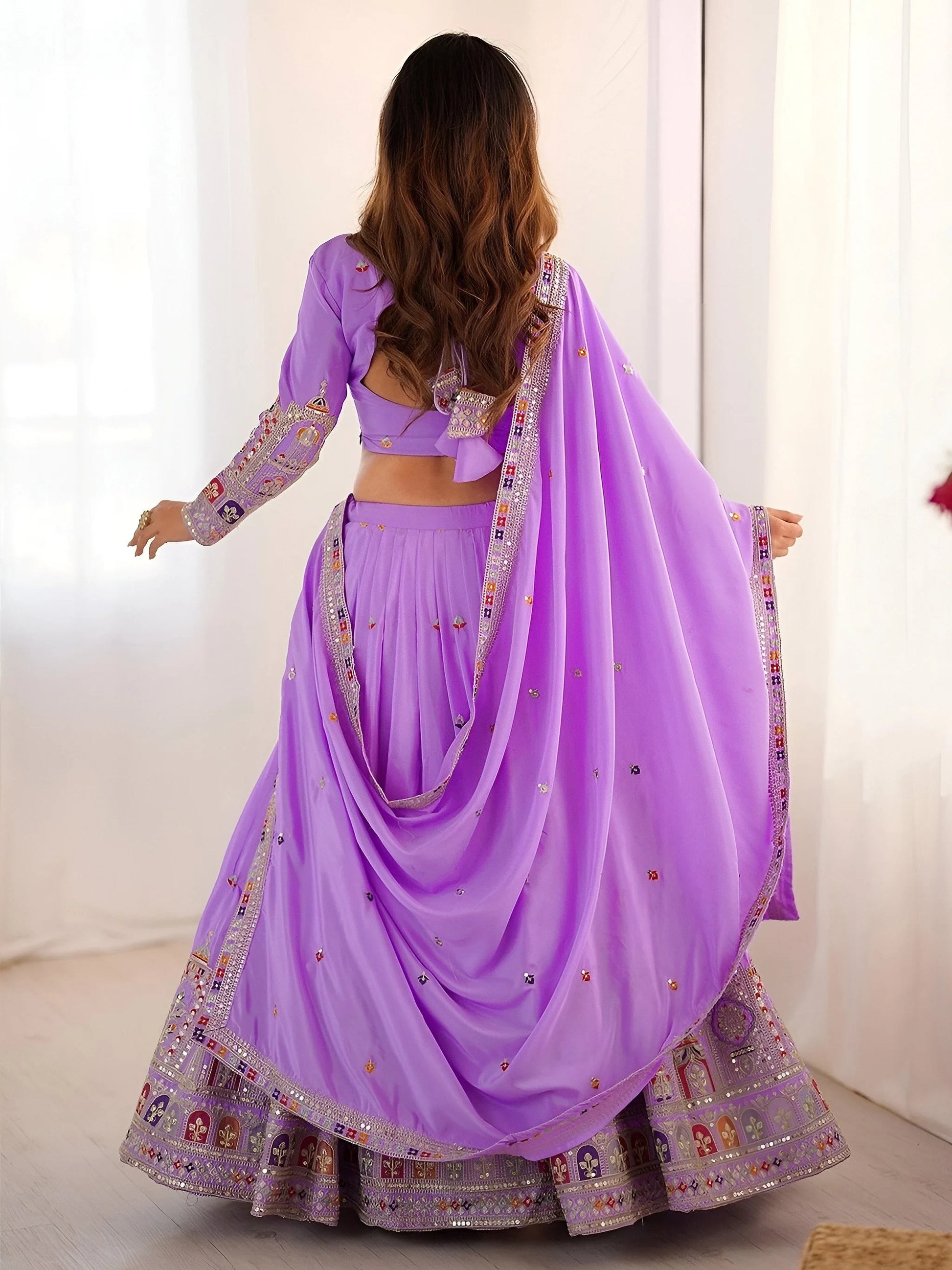 Majestic Lavender Thread Embroidery Crepe Silk Lehenga With Blouse