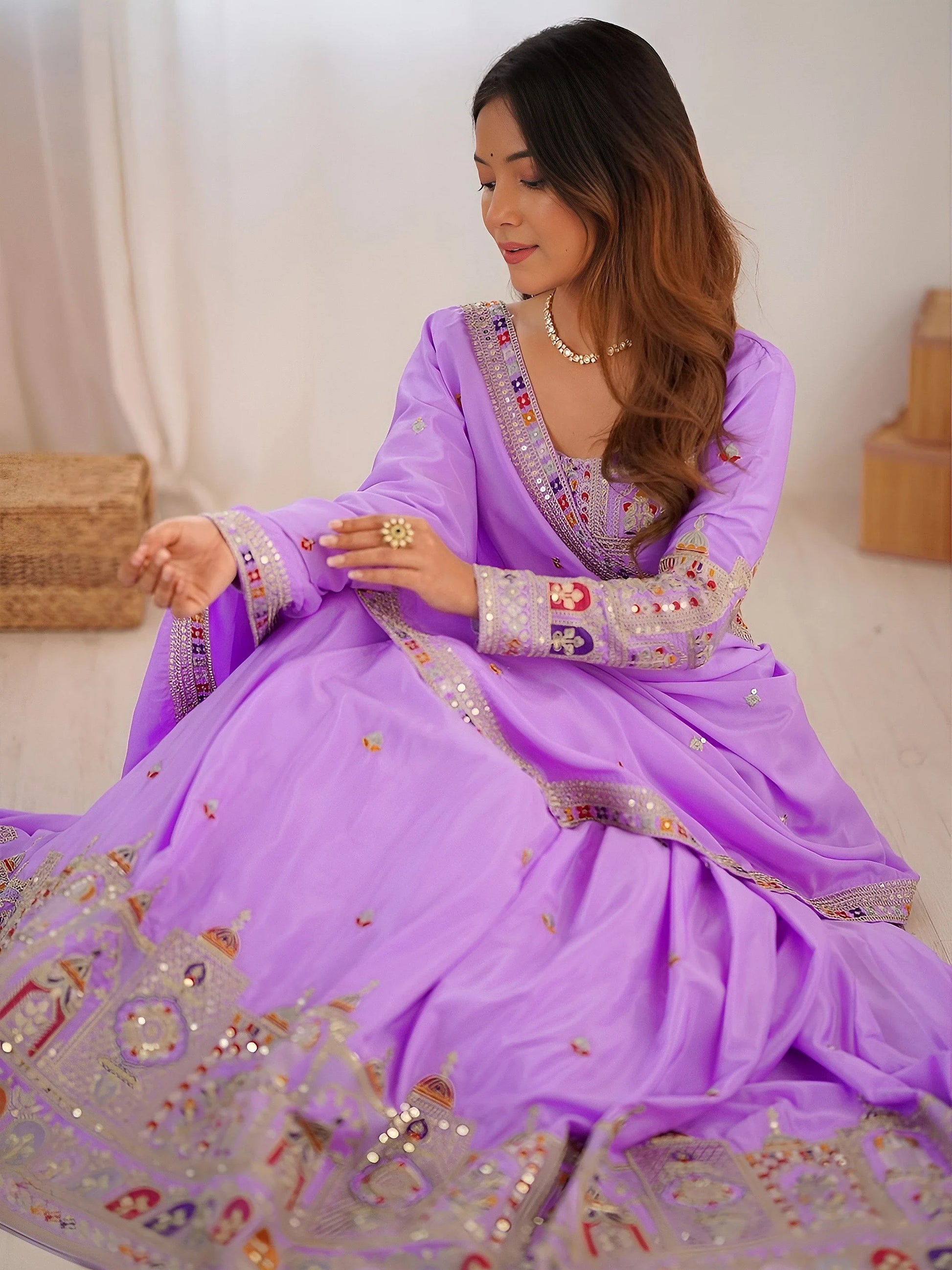 Majestic Lavender Thread Embroidery Crepe Silk Lehenga With Blouse