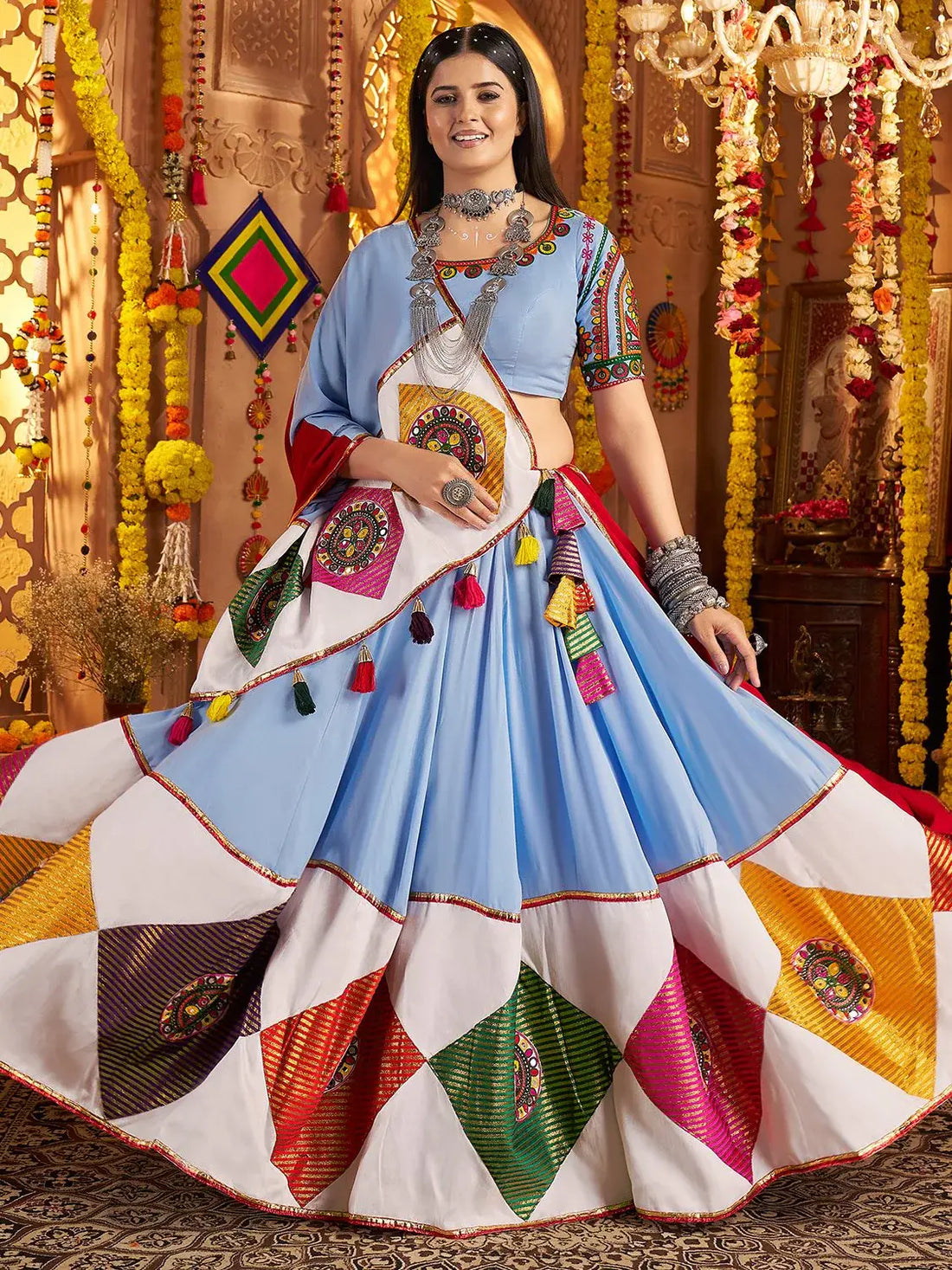 Majestic Light Blue Jacquard Patch Work Cotton Navratri Special Lehenga Choli - Zeel Clothing
