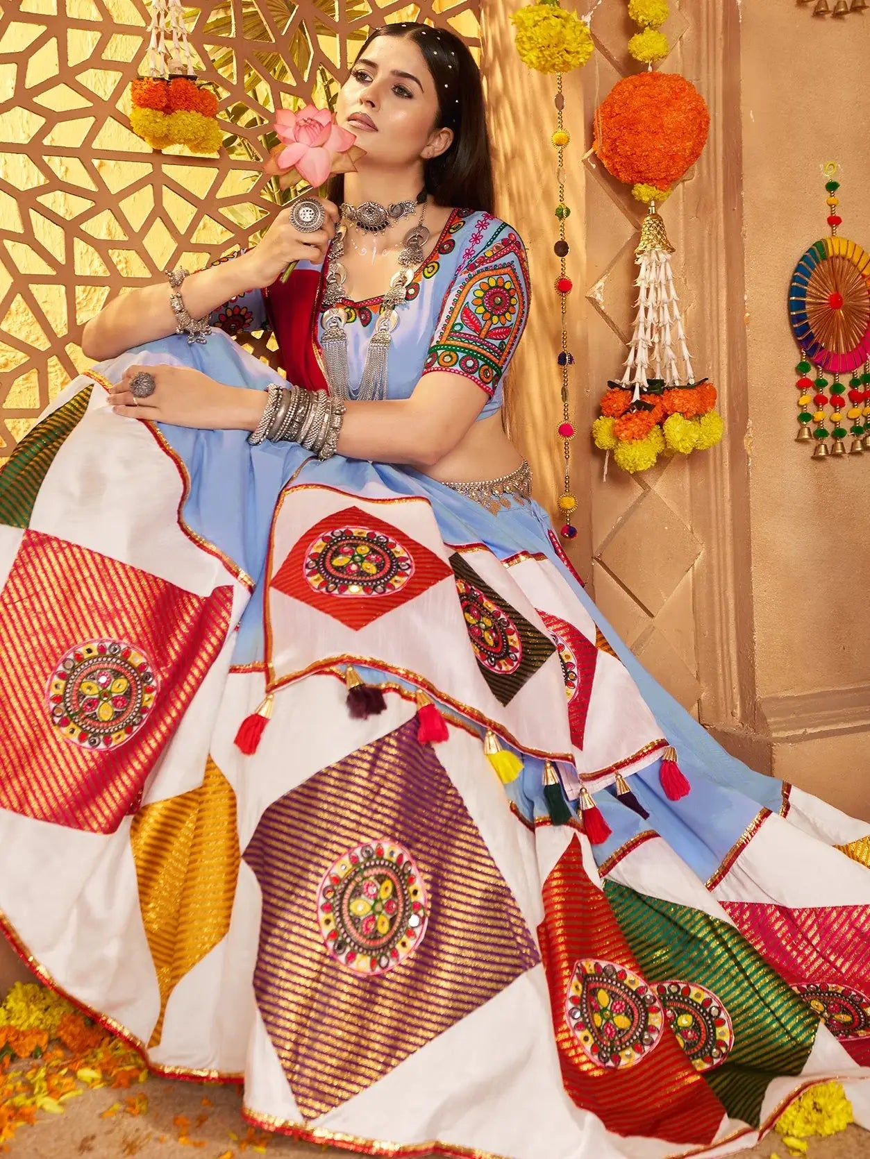Majestic Light Blue Jacquard Patch Work Cotton Navratri Special Lehenga Choli - Zeel Clothing