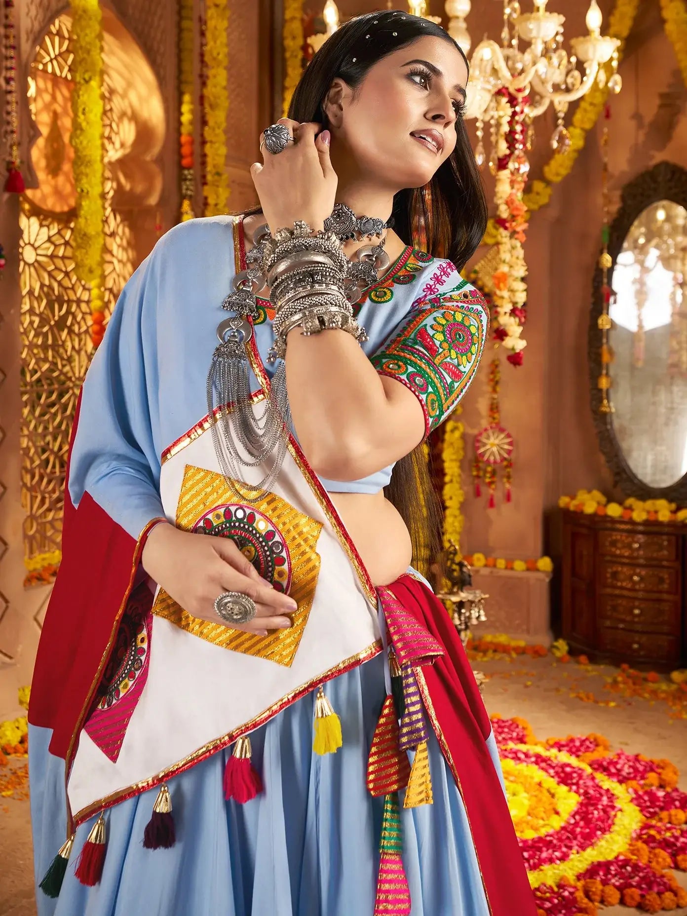 Majestic Light Blue Jacquard Patch Work Cotton Navratri Special Lehenga Choli - Zeel Clothing