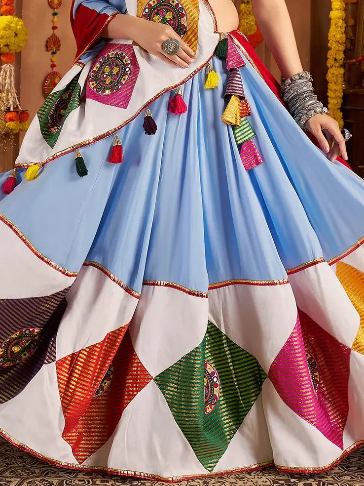 Majestic Light Blue Jacquard Patch Work Cotton Navratri Special Lehenga Choli - Zeel Clothing