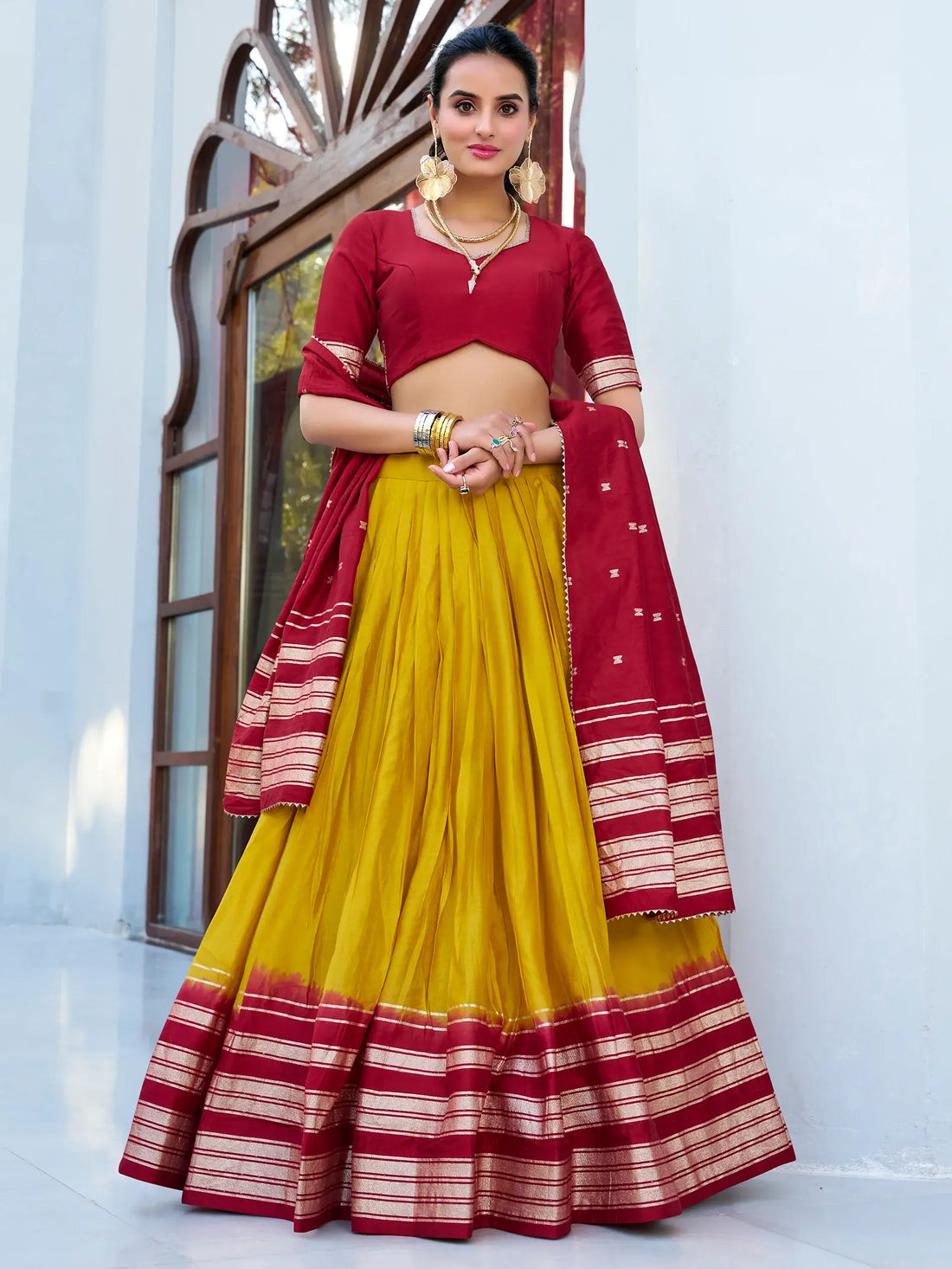 Majestic Mustard Yellow Chanderi Haldi Wear Lehenga Choli With Dupatta - Zeel Clothing