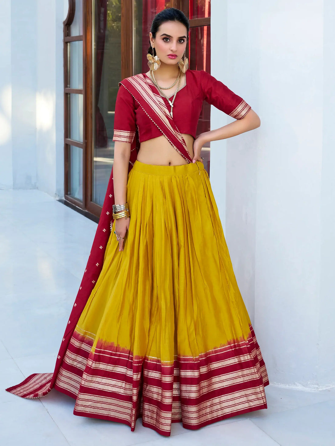 Majestic Mustard Yellow Chanderi Haldi Wear Lehenga Choli With Dupatta - Zeel Clothing