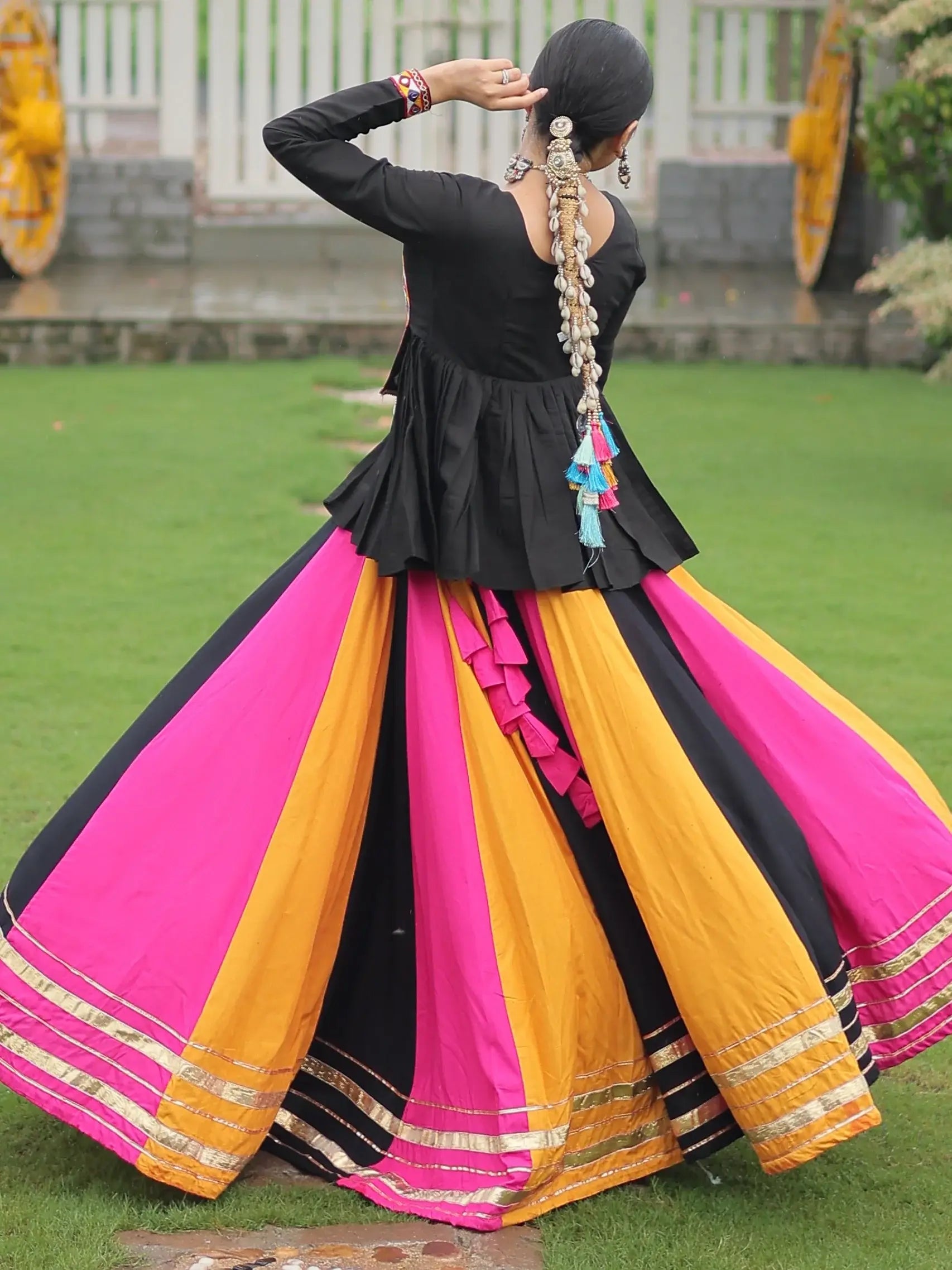 Majestic Muti-Color Gota Patti Lace Rayon Navratri Special Lehenga With Peplum Top - Zeel Clothing