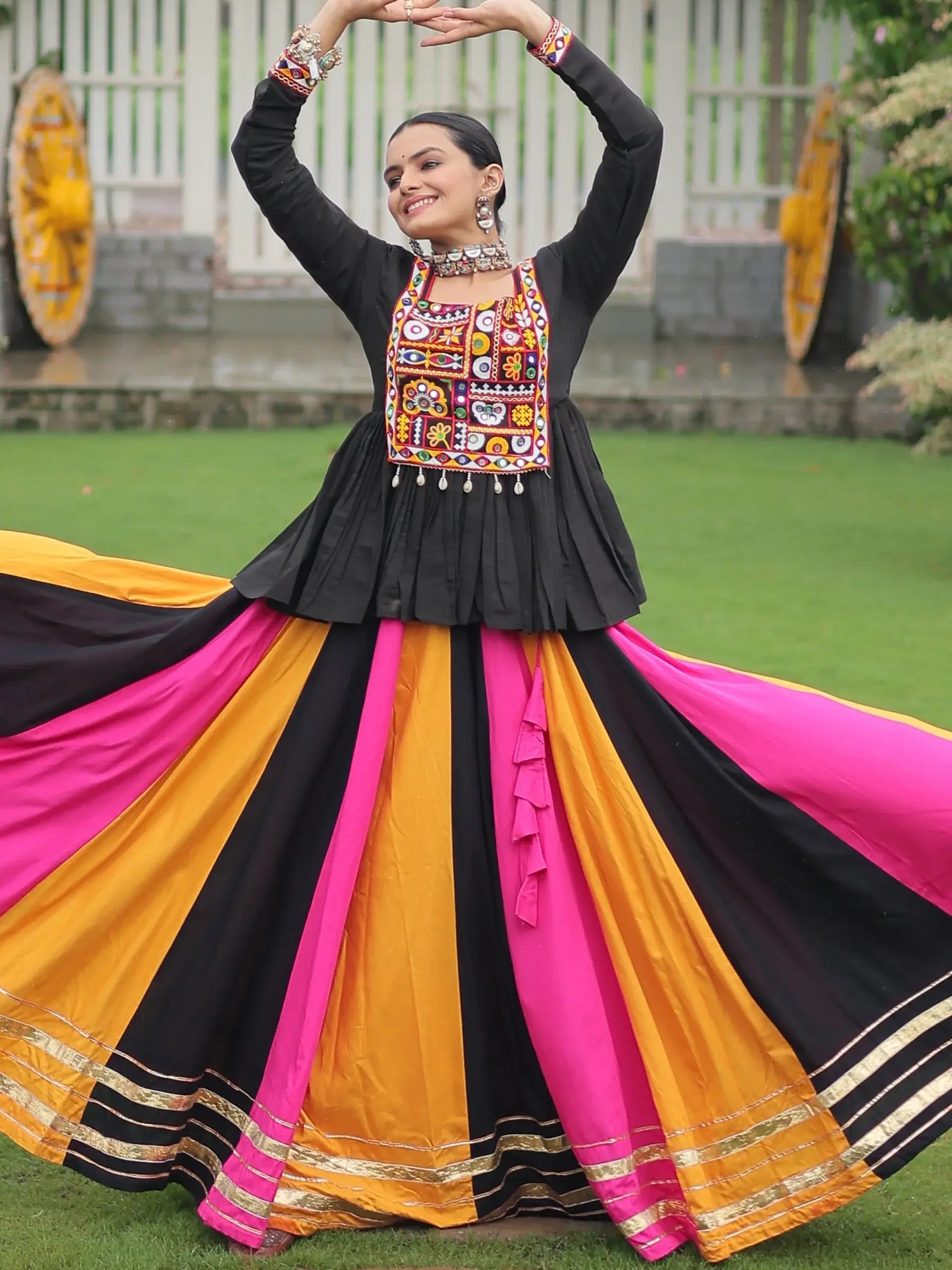 Majestic Muti-Color Gota Patti Lace Rayon Navratri Special Lehenga With Peplum Top - Zeel Clothing