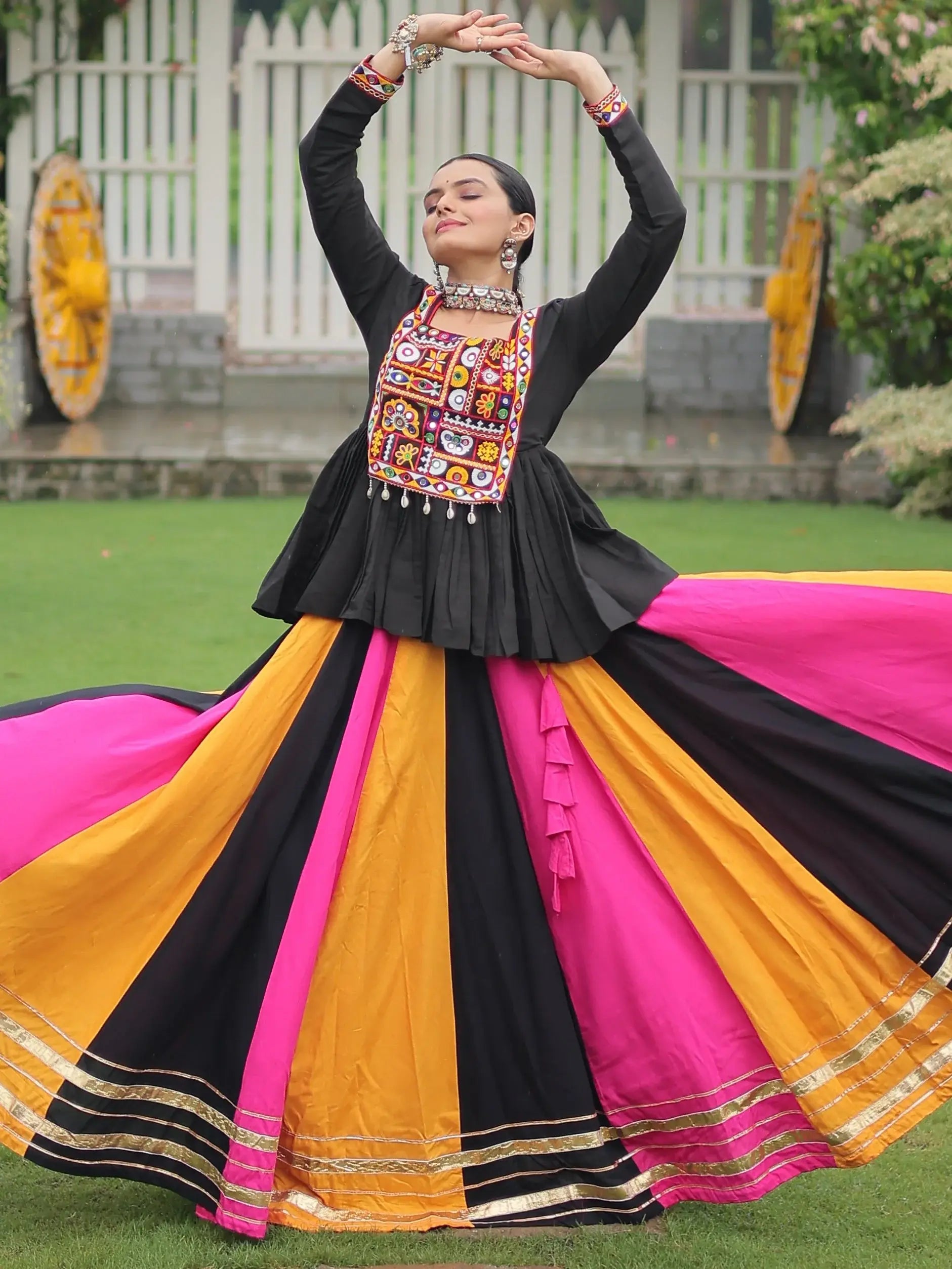 Majestic Muti-Color Gota Patti Lace Rayon Navratri Special Lehenga With Peplum Top - Zeel Clothing