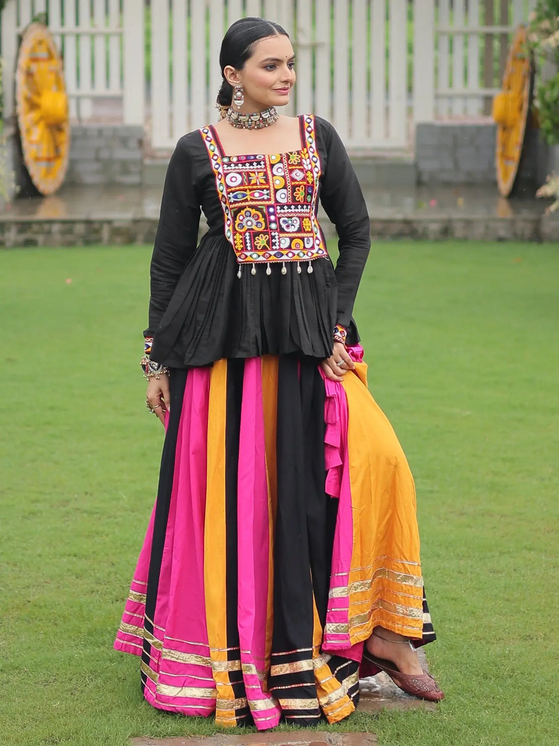 Majestic Muti-Color Gota Patti Lace Rayon Navratri Special Lehenga With Peplum Top - Zeel Clothing