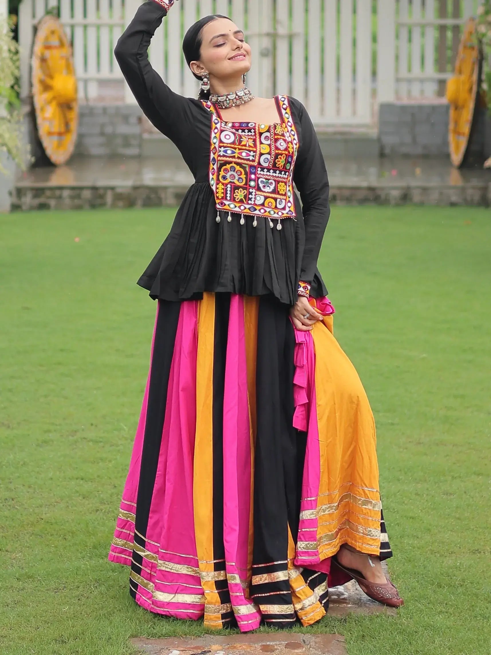 Majestic Muti-Color Gota Patti Lace Rayon Navratri Special Lehenga With Peplum Top - Zeel Clothing