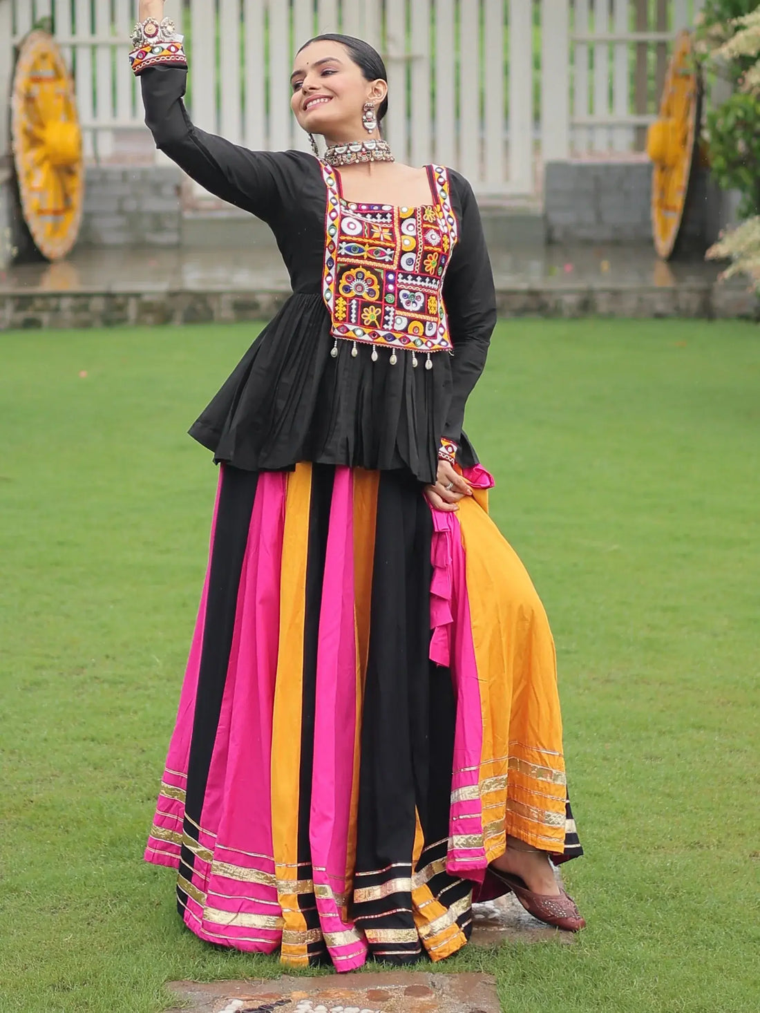 Majestic Muti-Color Gota Patti Lace Rayon Navratri Special Lehenga With Peplum Top - Zeel Clothing