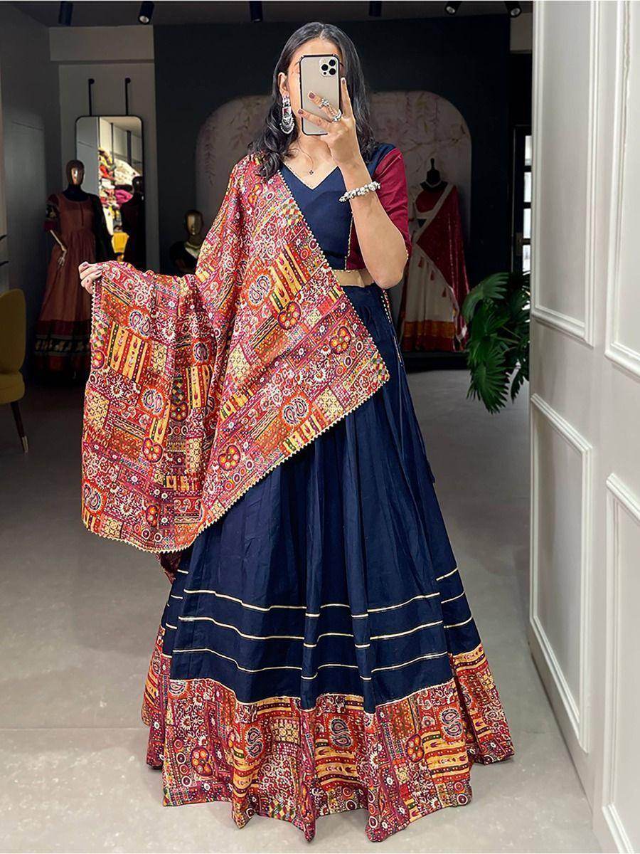 Majestic Navy Blue Digital Printed Cotton Navratri Wear Lehenga Choli - Zeel Clothing
